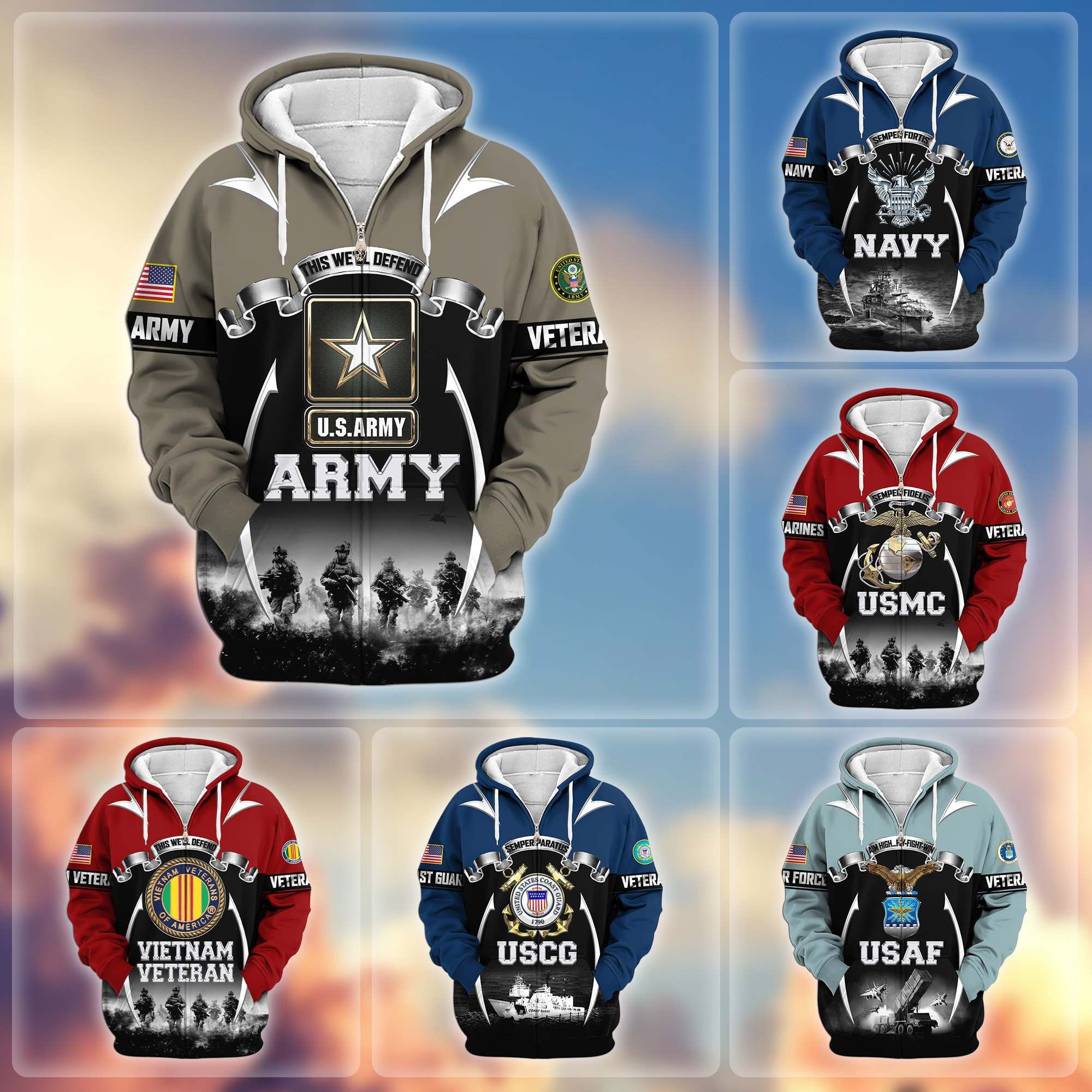 Premium US Veterans Zip Hoodie, Gifts For US Veterans, Gifts On Father's Day, Veterans Day.