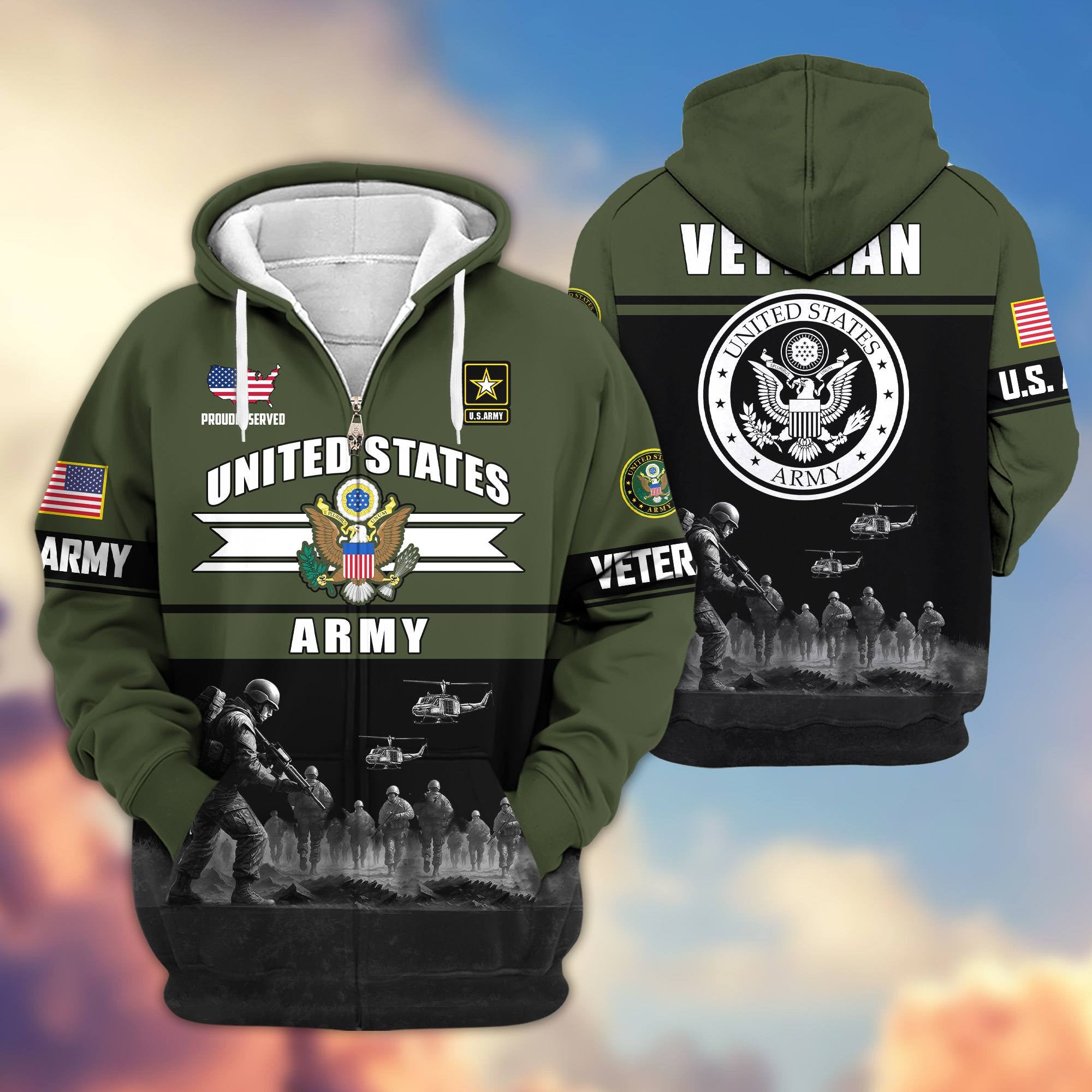 Premium US Veterans Zip Hoodie, Gifts For US Veterans, Gifts On Father's Day, Veterans Day.