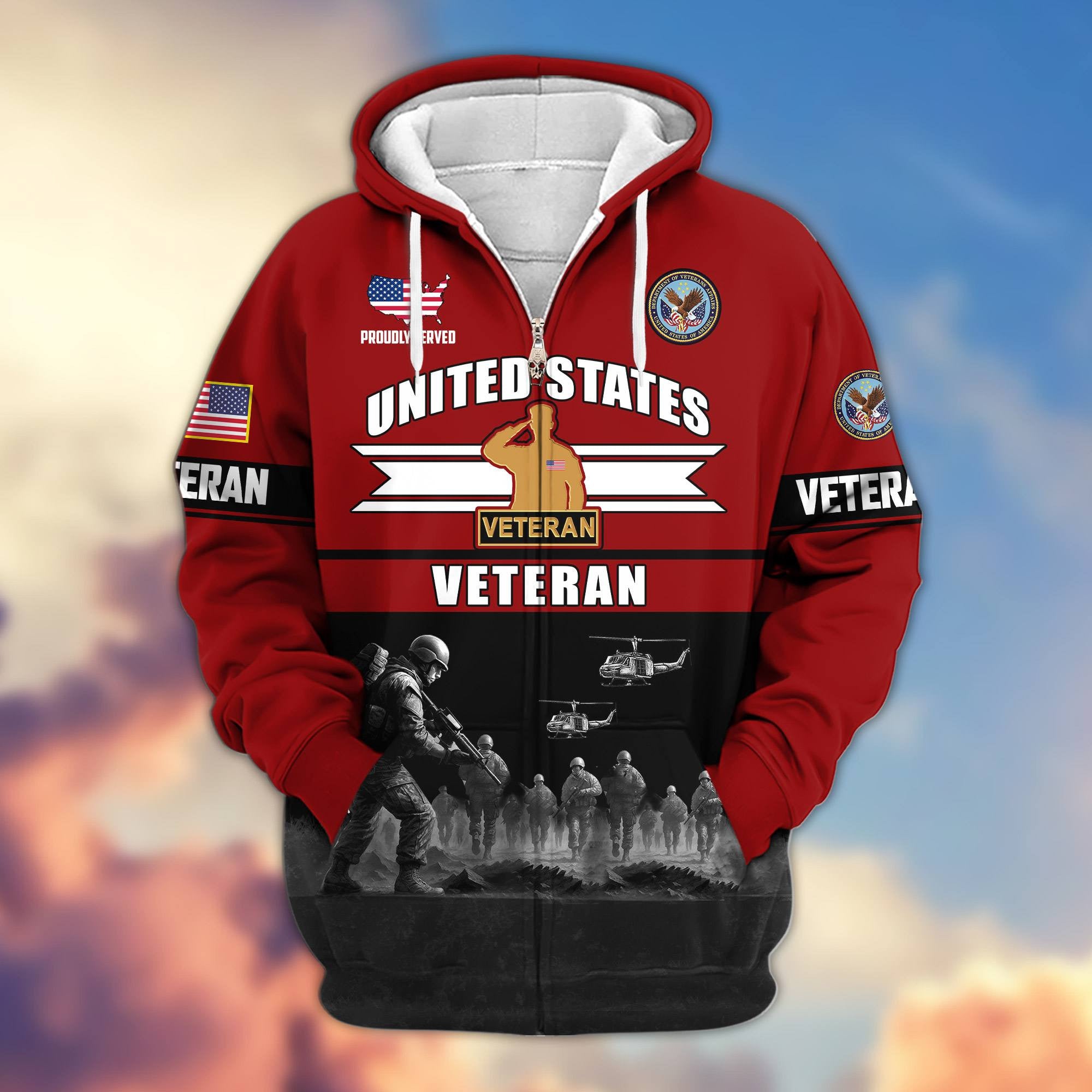 Premium US Veterans Zip Hoodie, Gifts For US Veterans, Gifts On Father's Day, Veterans Day.