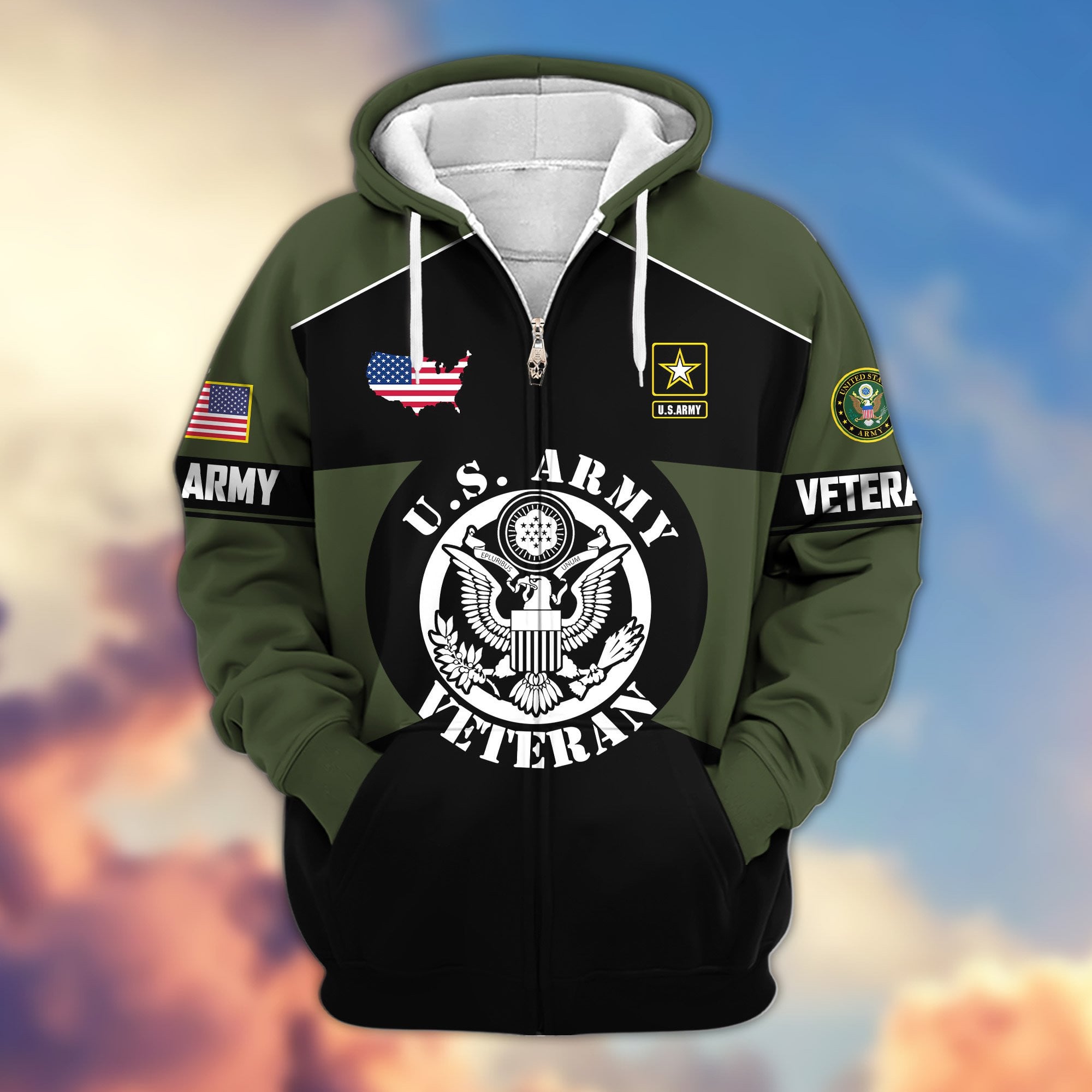 Premium US Veterans Zip Hoodie, Gifts For US Veterans, Gifts On Father's Day, Veterans Day.