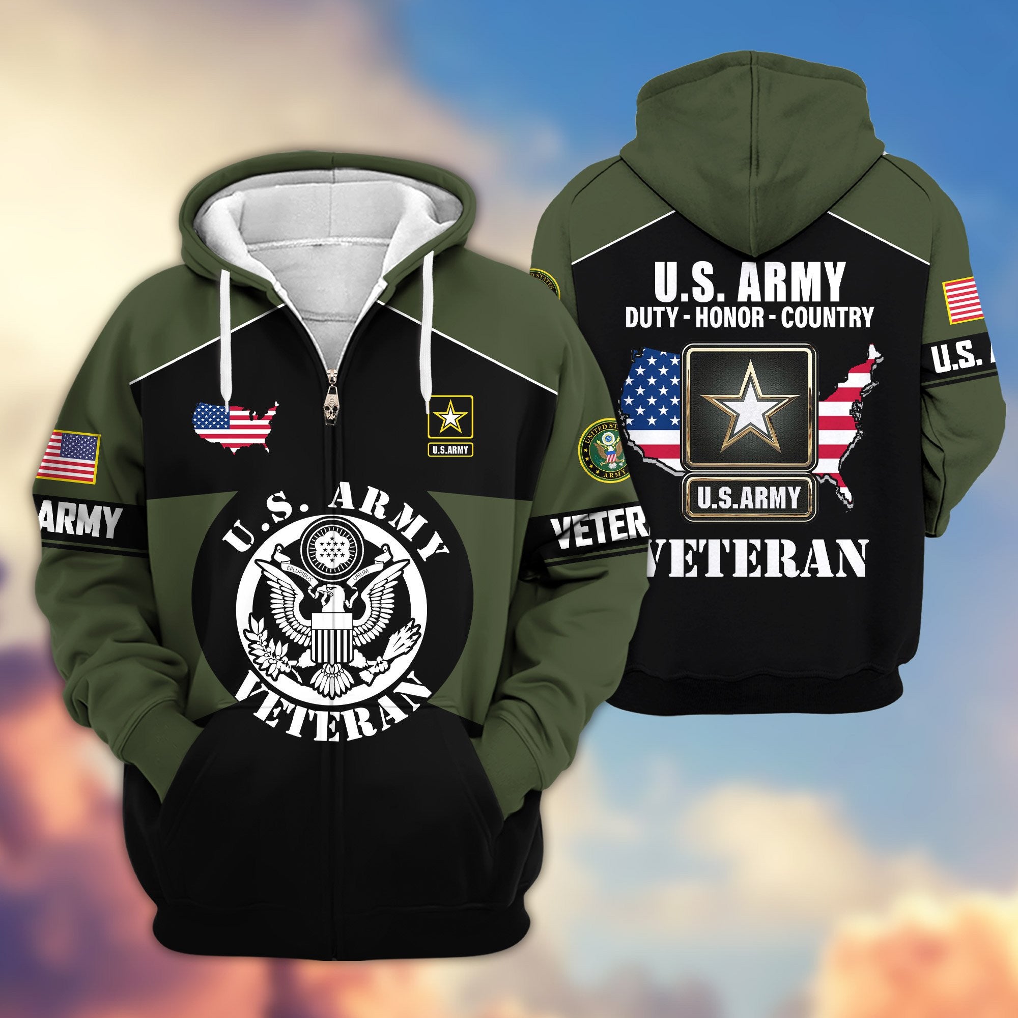 Premium US Veterans Zip Hoodie, Gifts For US Veterans, Gifts On Father's Day, Veterans Day.