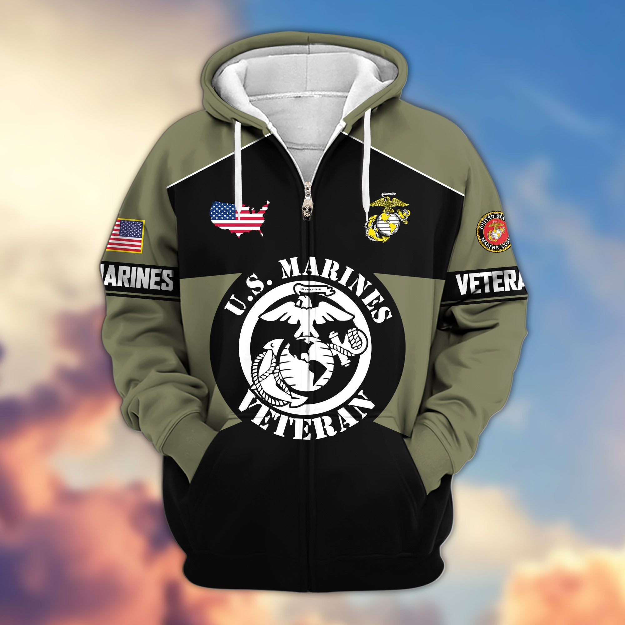 Premium US Veterans Zip Hoodie, Gifts For US Veterans, Gifts On Father's Day, Veterans Day.