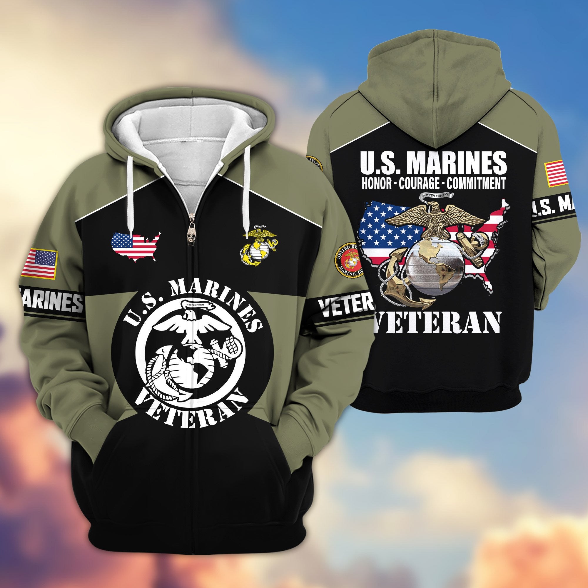 Premium US Veterans Zip Hoodie, Gifts For US Veterans, Gifts On Father's Day, Veterans Day.