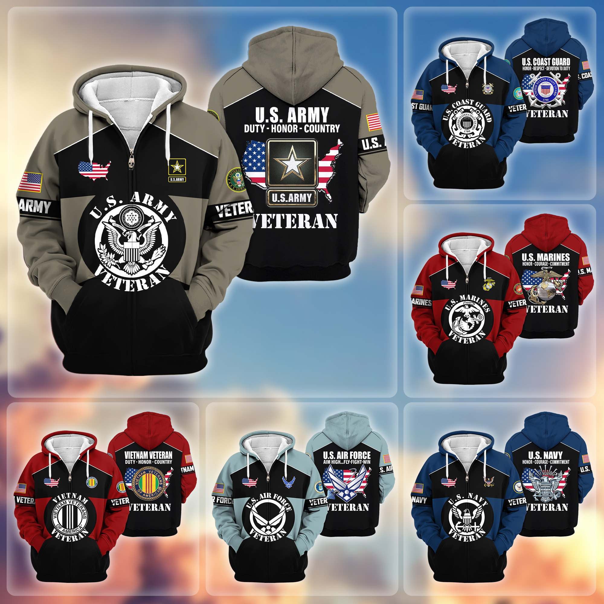 Premium US Veterans Zip Hoodie, Gifts For US Veterans, Gifts On Father's Day, Veterans Day.