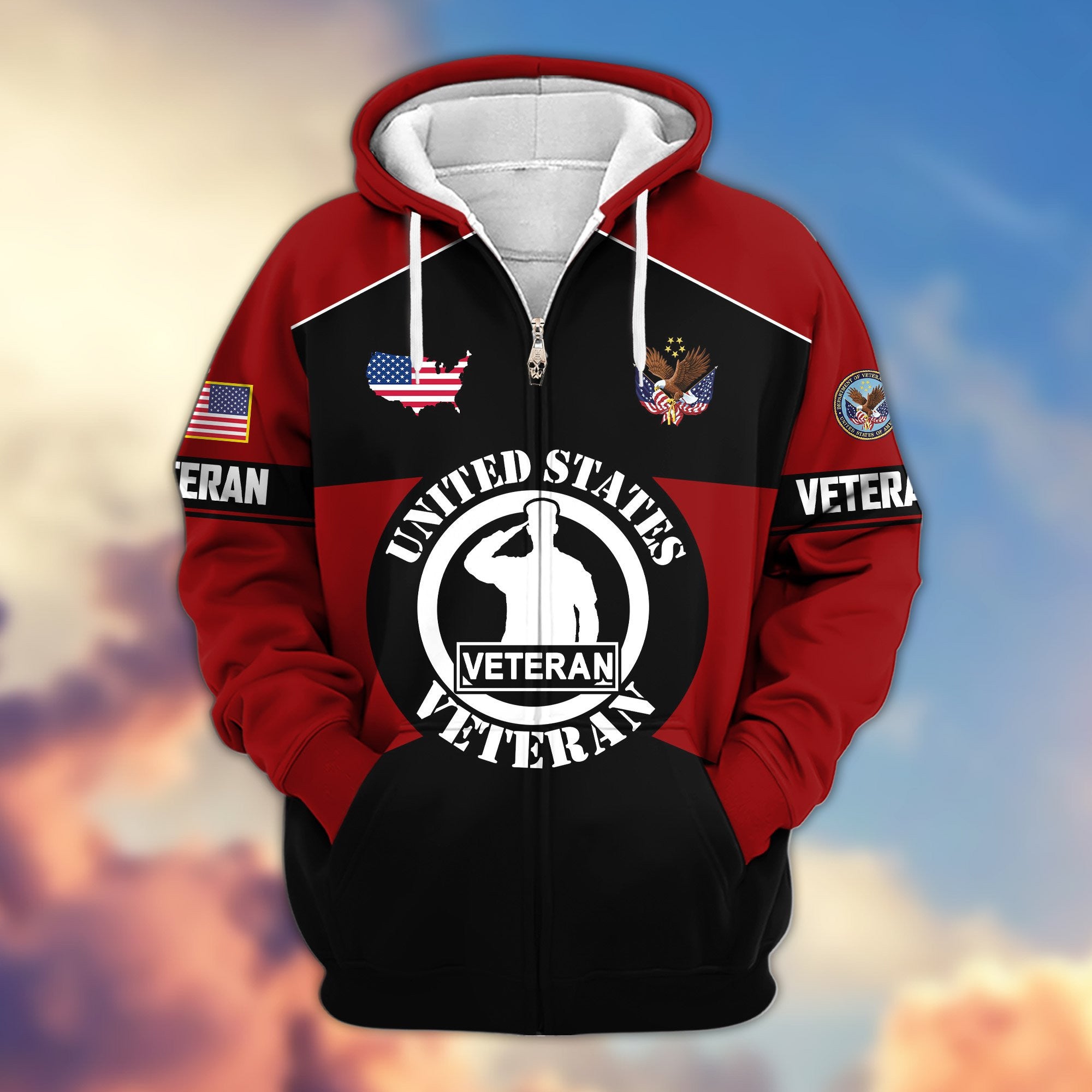 Premium US Veterans Zip Hoodie, Gifts For US Veterans, Gifts On Father's Day, Veterans Day.