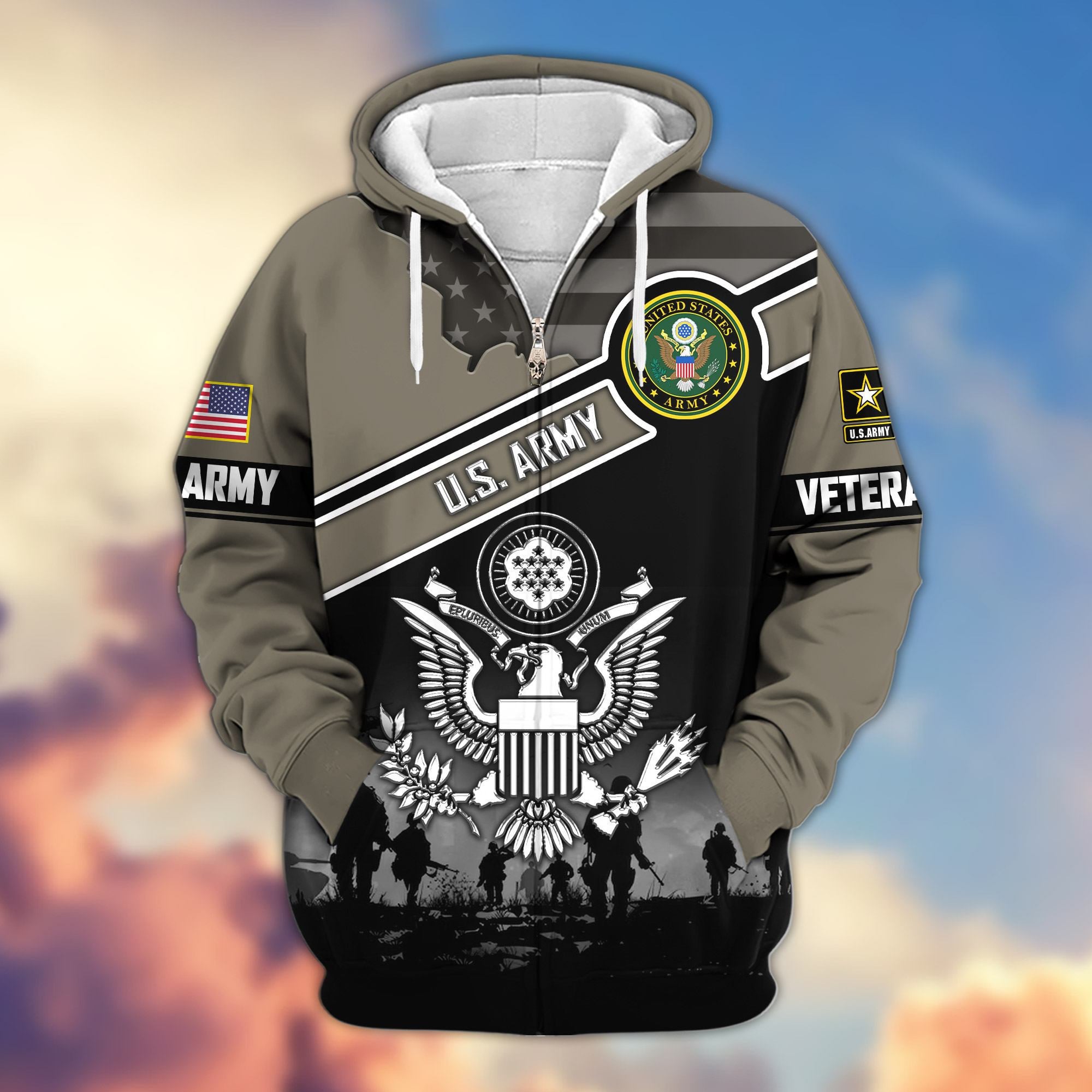 Premium US Veterans Zip Hoodie, Gifts For US Veterans, Gifts On Father's Day, Veterans Day.