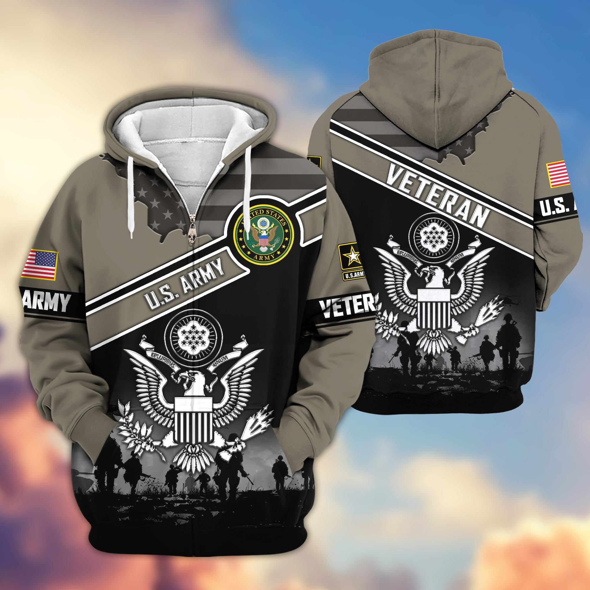 Premium US Veterans Zip Hoodie, Gifts For US Veterans, Gifts On Father's Day, Veterans Day.