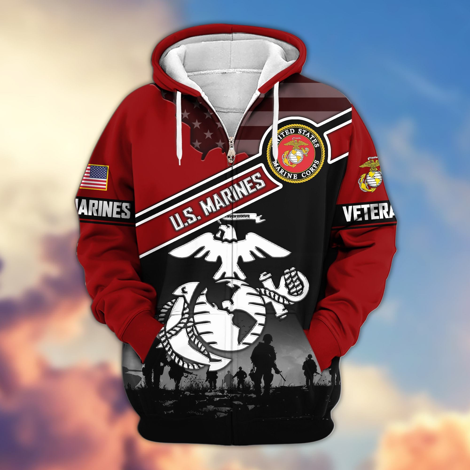 Premium US Veterans Zip Hoodie, Gifts For US Veterans, Gifts On Father's Day, Veterans Day.