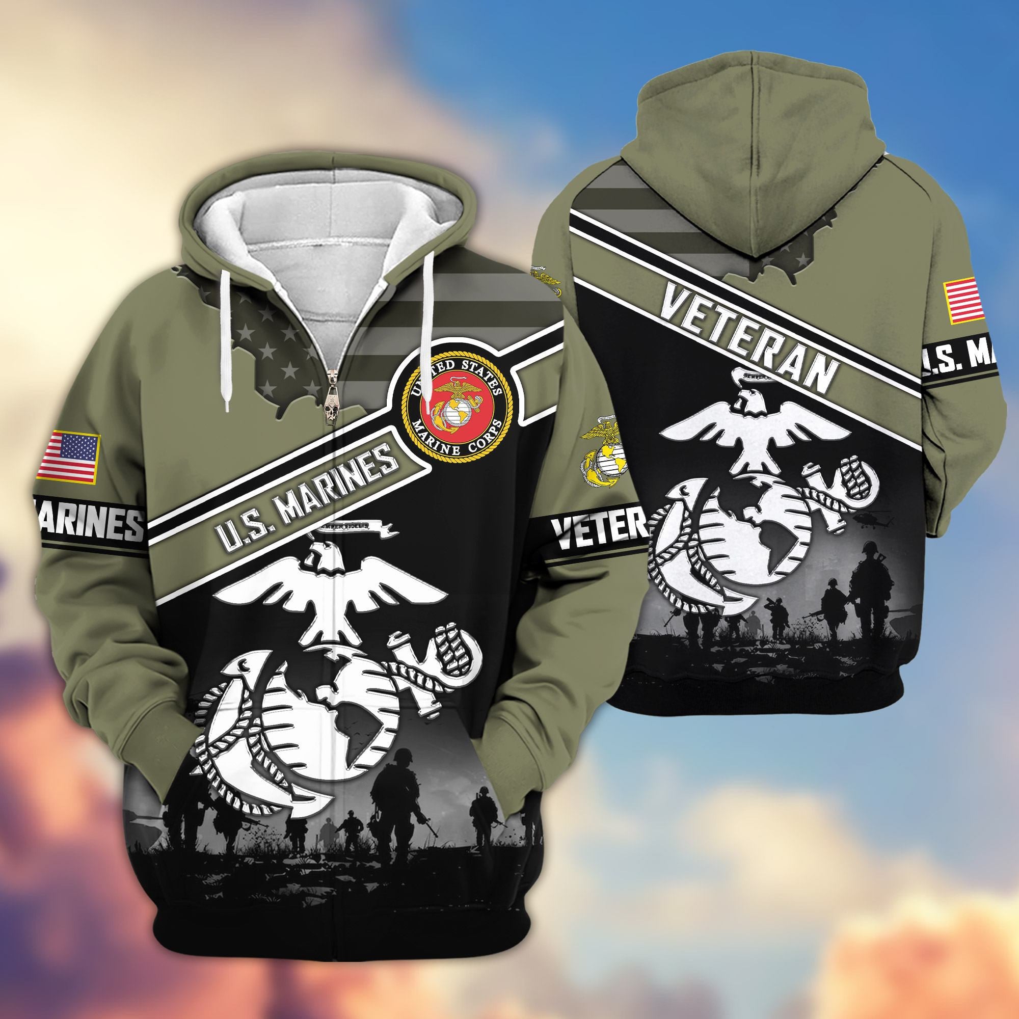 Premium US Veterans Zip Hoodie, Gifts For US Veterans, Gifts On Father's Day, Veterans Day.