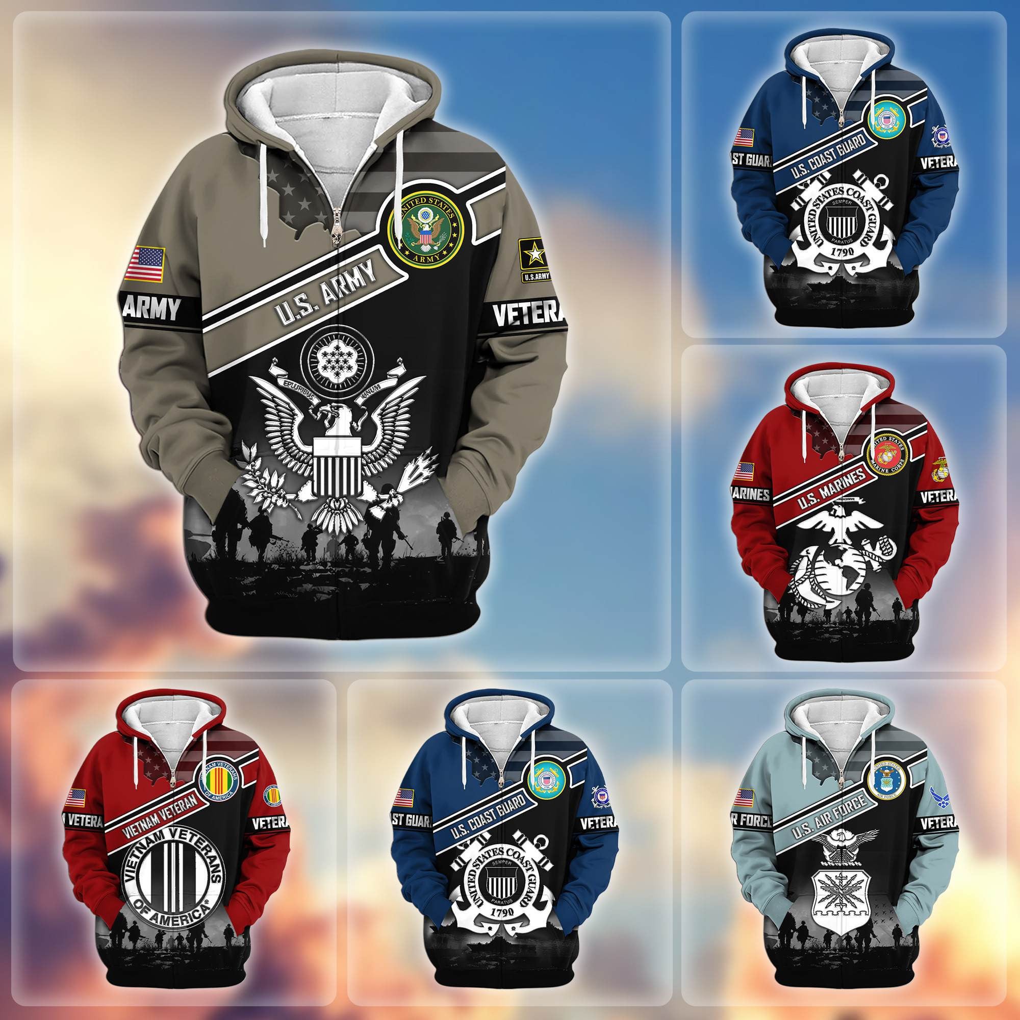 Premium US Veterans Zip Hoodie, Gifts For US Veterans, Gifts On Father's Day, Veterans Day.