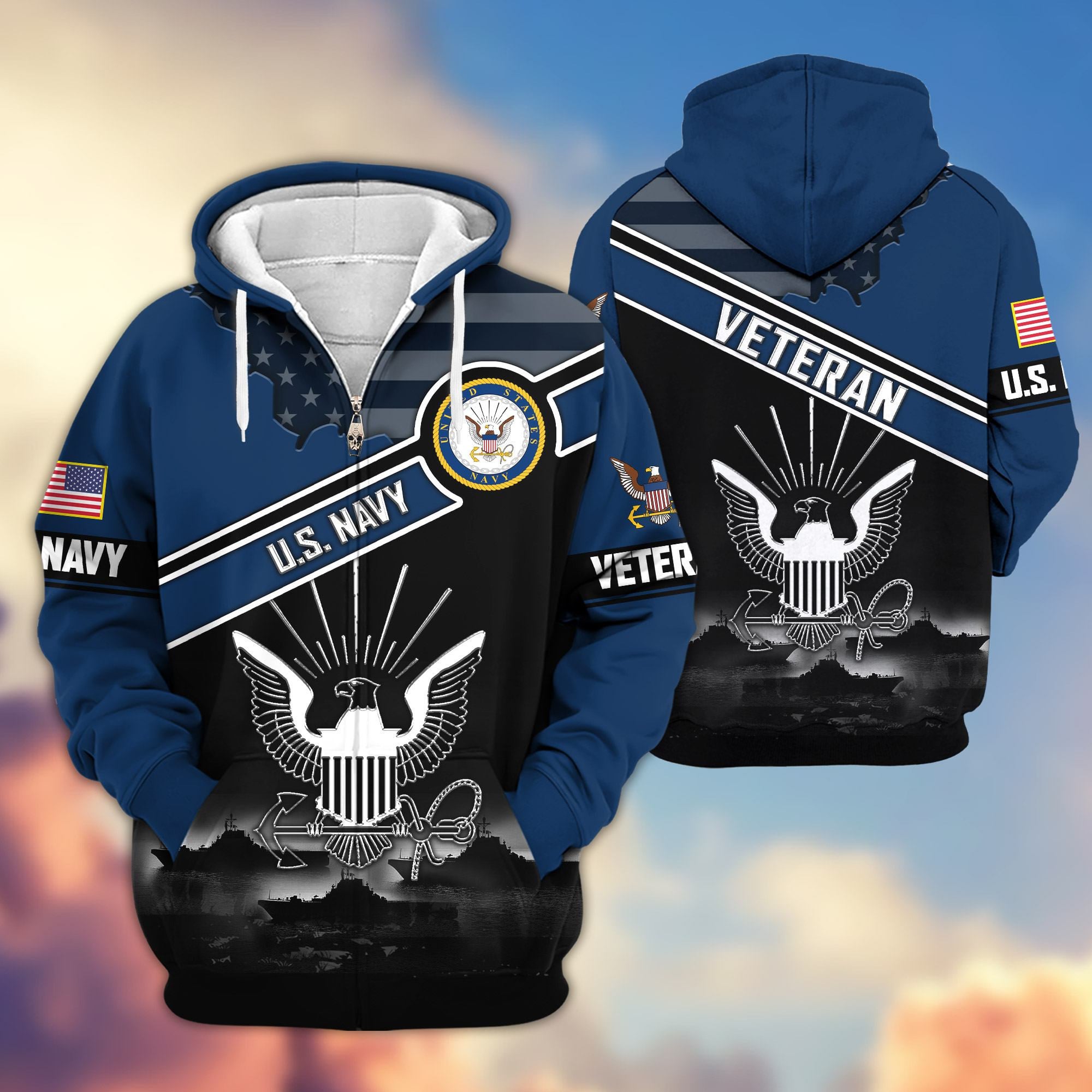 Premium US Veterans Zip Hoodie, Gifts For US Veterans, Gifts On Father's Day, Veterans Day.