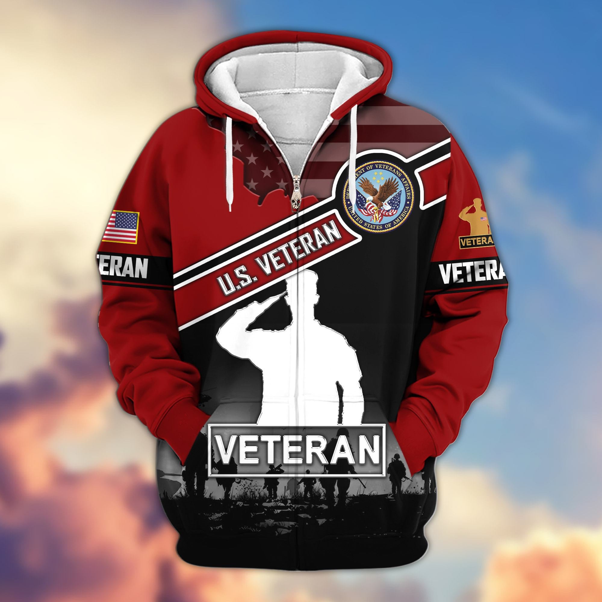 Premium US Veterans Zip Hoodie, Gifts For US Veterans, Gifts On Father's Day, Veterans Day.