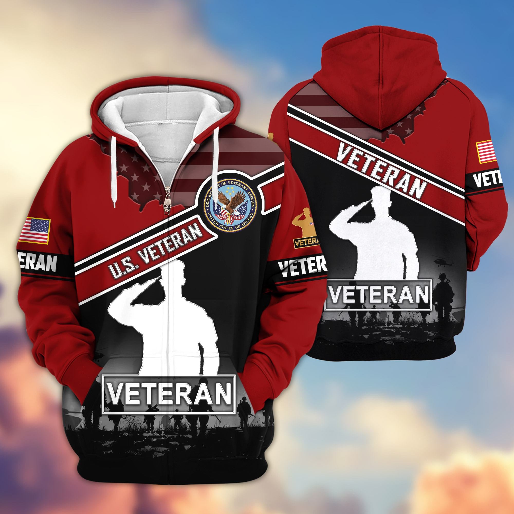 Premium US Veterans Zip Hoodie, Gifts For US Veterans, Gifts On Father's Day, Veterans Day.