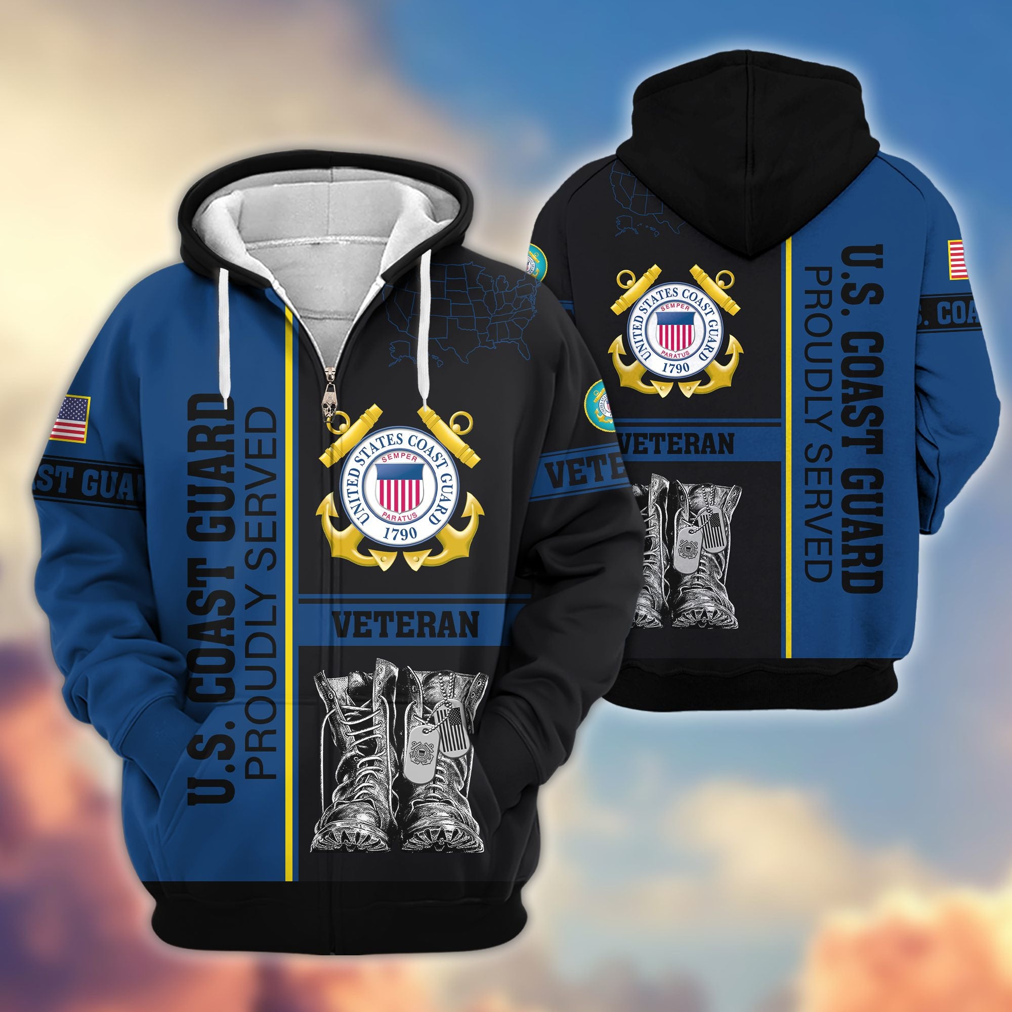 Premium US Veterans Zip Hoodie, Gifts For US Veterans, Gifts On Father's Day, Veterans Day.