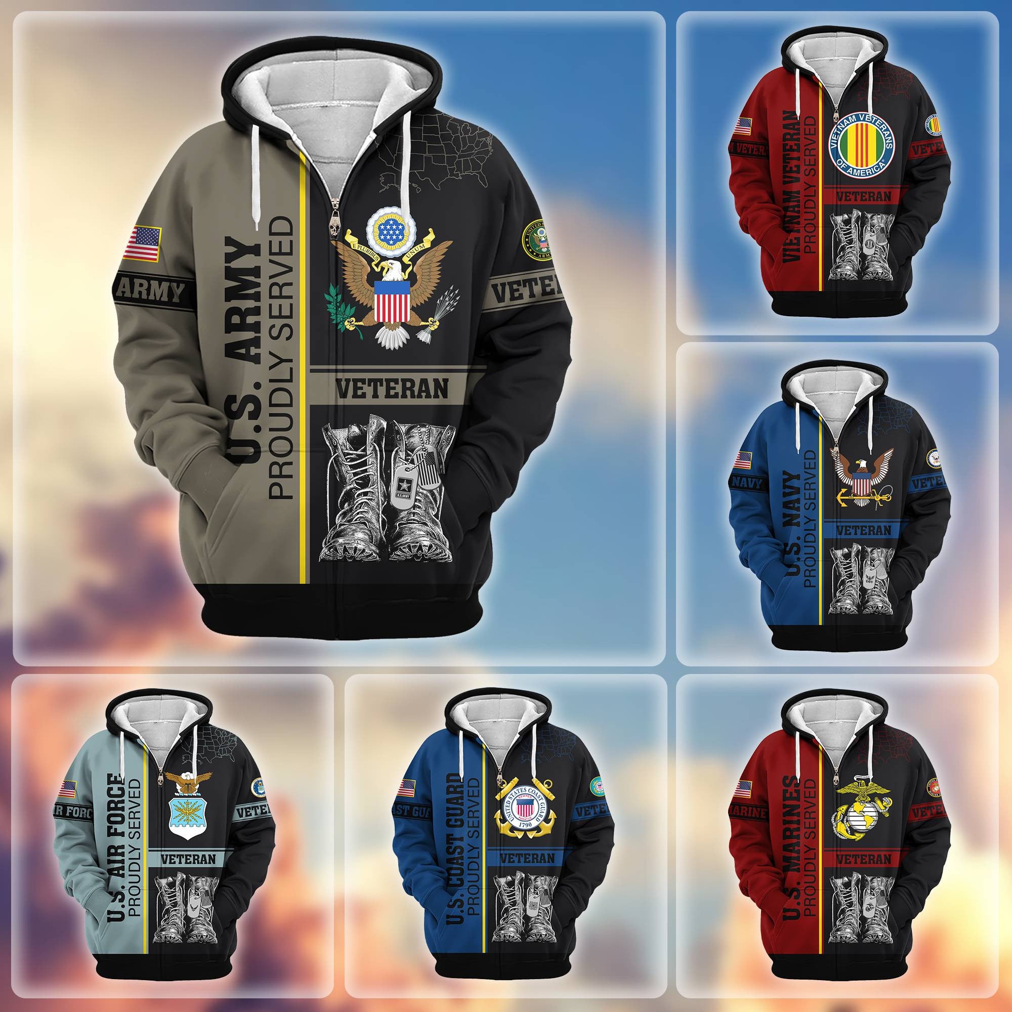 Premium US Veterans Zip Hoodie, Gifts For US Veterans, Gifts On Father's Day, Veterans Day.