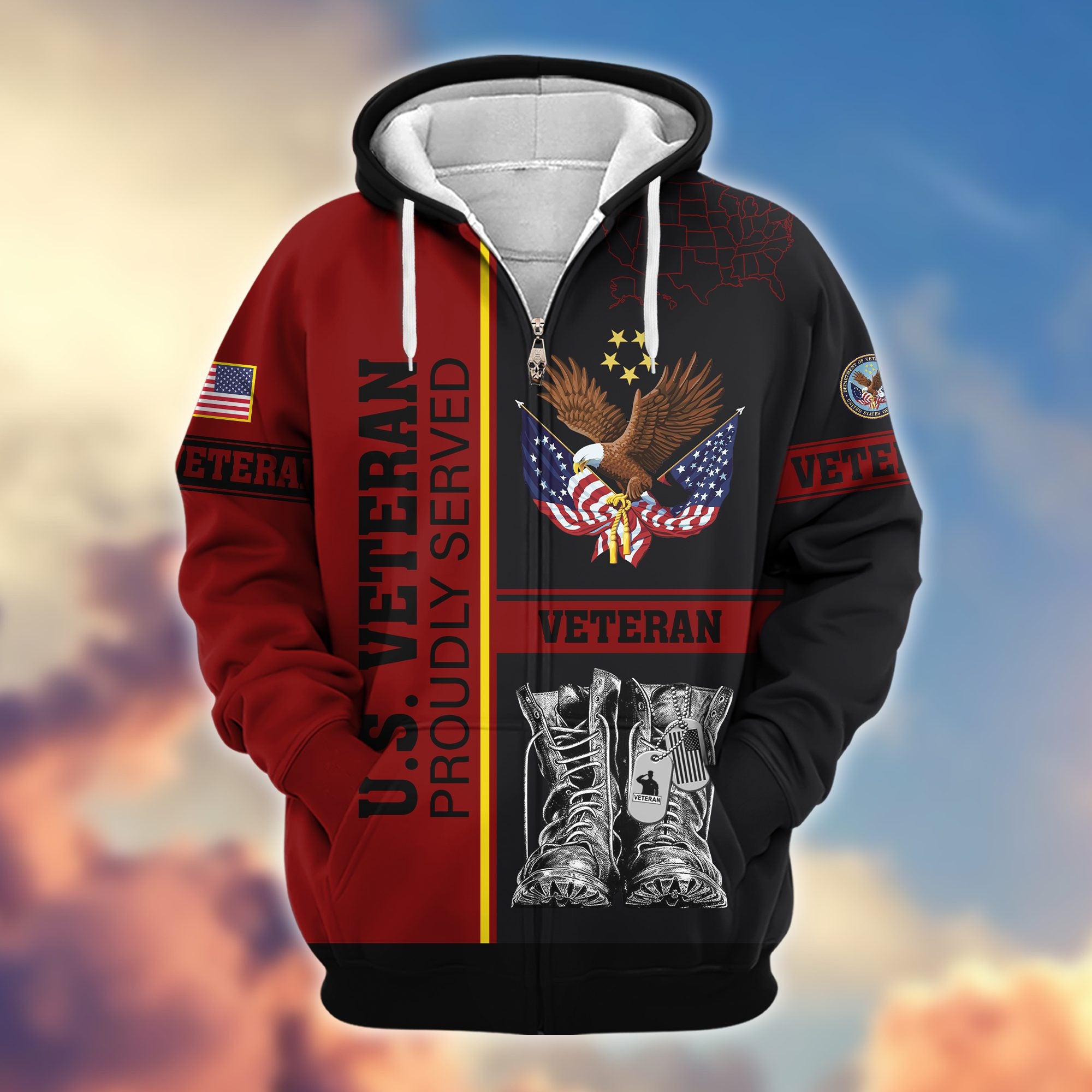 Premium US Veterans Zip Hoodie, Gifts For US Veterans, Gifts On Father's Day, Veterans Day.