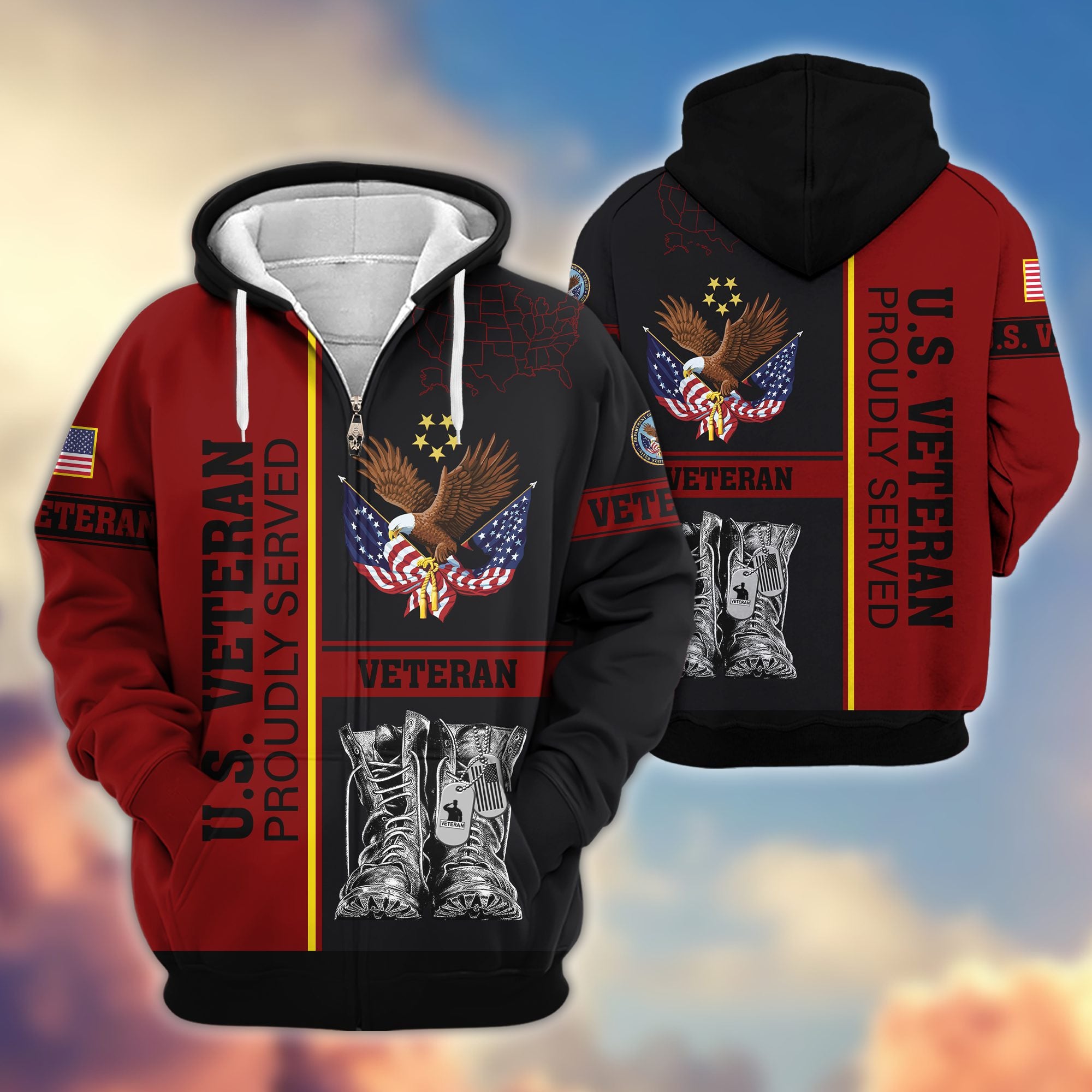 Premium US Veterans Zip Hoodie, Gifts For US Veterans, Gifts On Father's Day, Veterans Day.