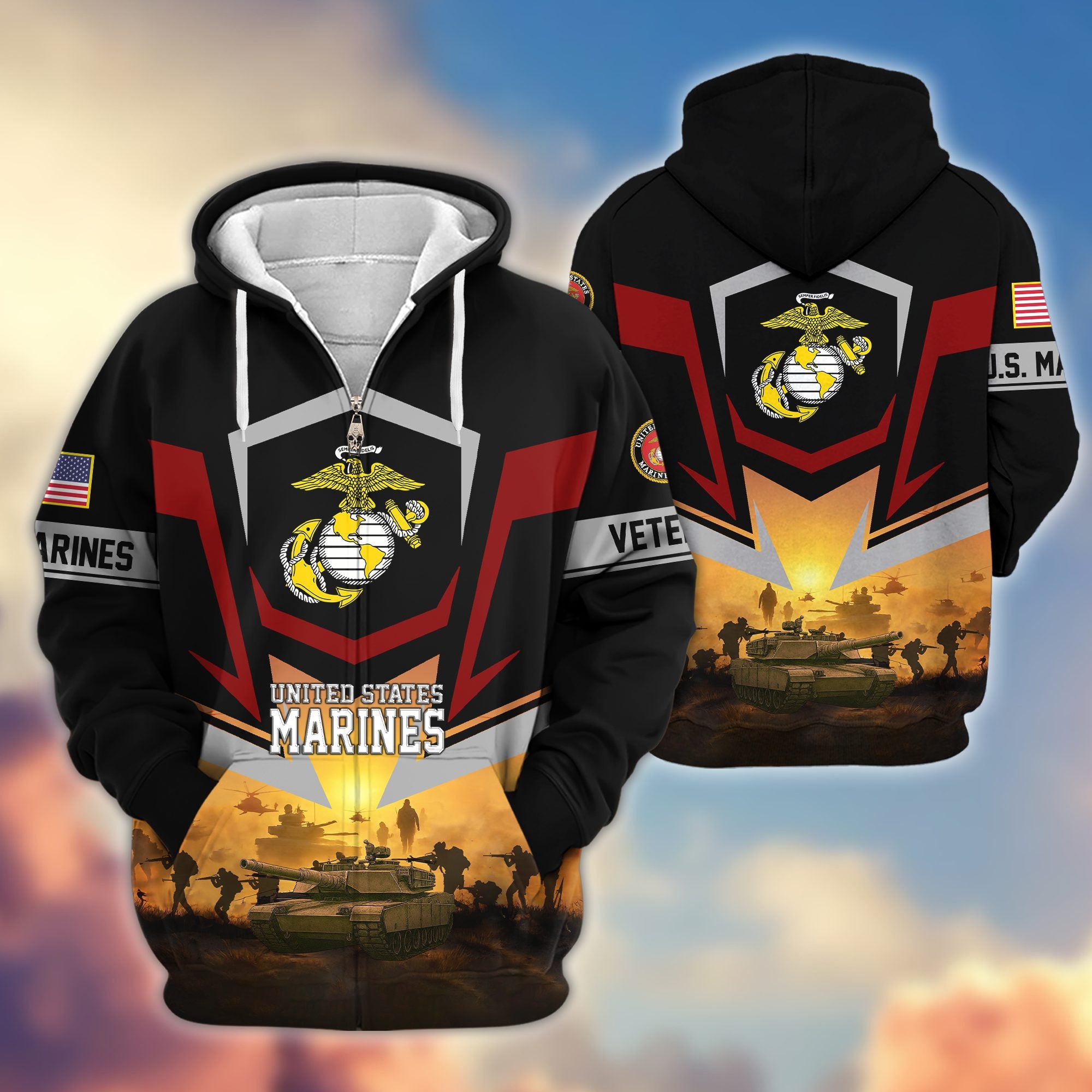 Premium US Veterans Zip Hoodie, Gifts For US Veterans, Gifts On Father's Day, Veterans Day.