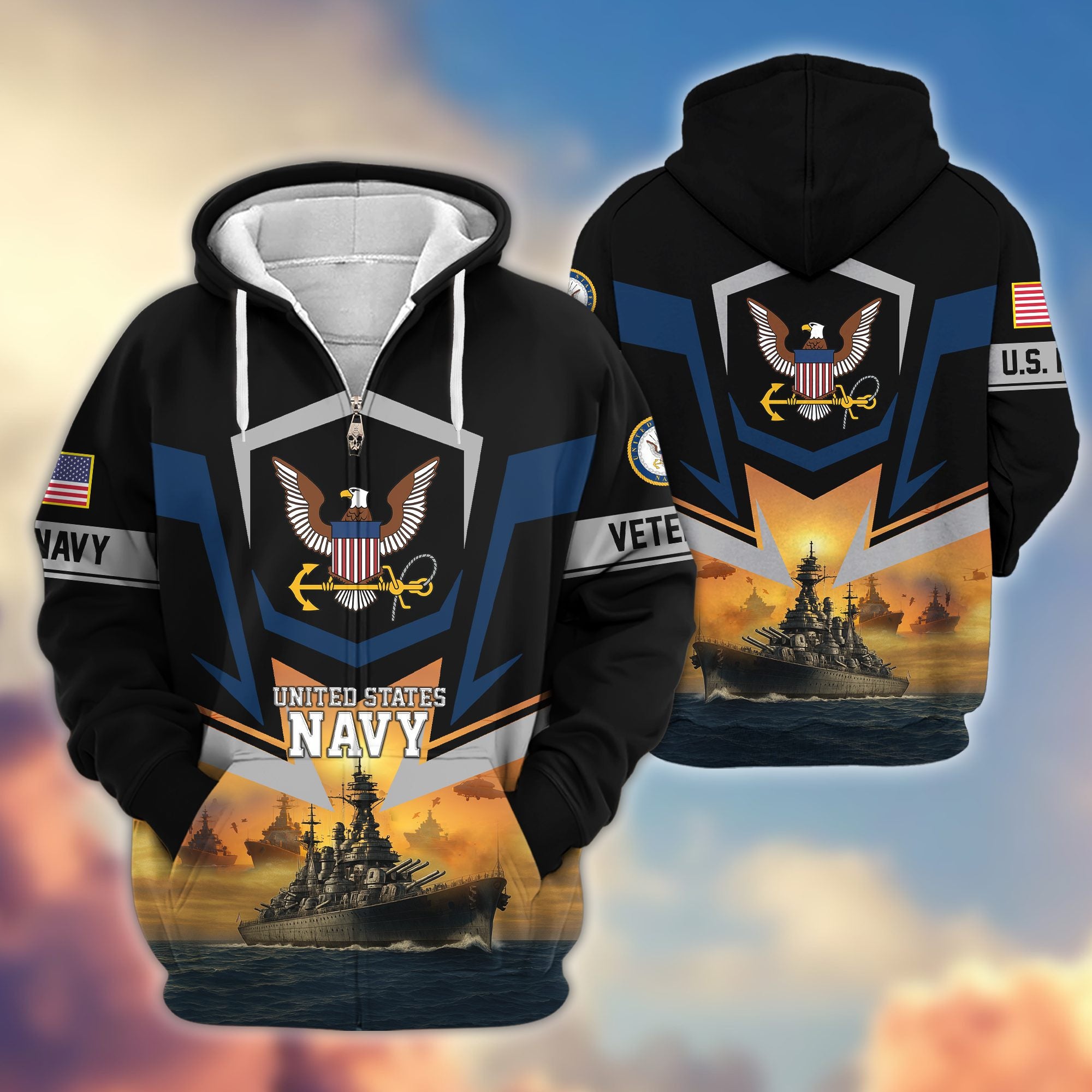 Premium US Veterans Zip Hoodie, Gifts For US Veterans, Gifts On Father's Day, Veterans Day.