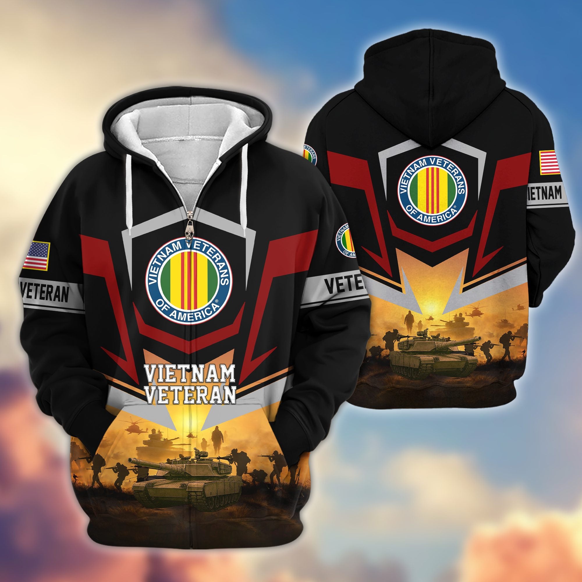 Premium US Veterans Zip Hoodie, Gifts For US Veterans, Gifts On Father's Day, Veterans Day.
