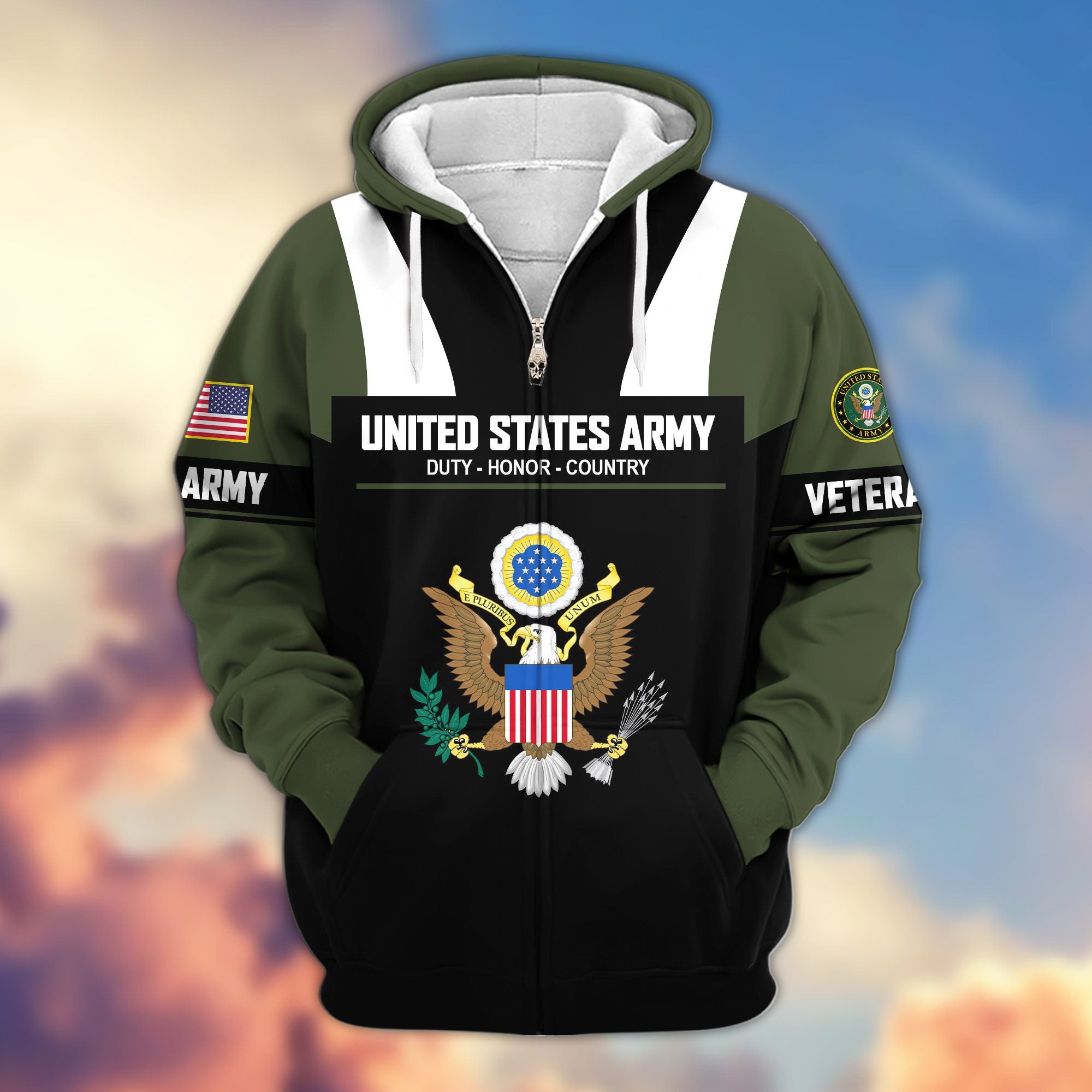Premium US Veterans Zip Hoodie, Gifts For US Veterans, Gifts On Father's Day, Veterans Day.
