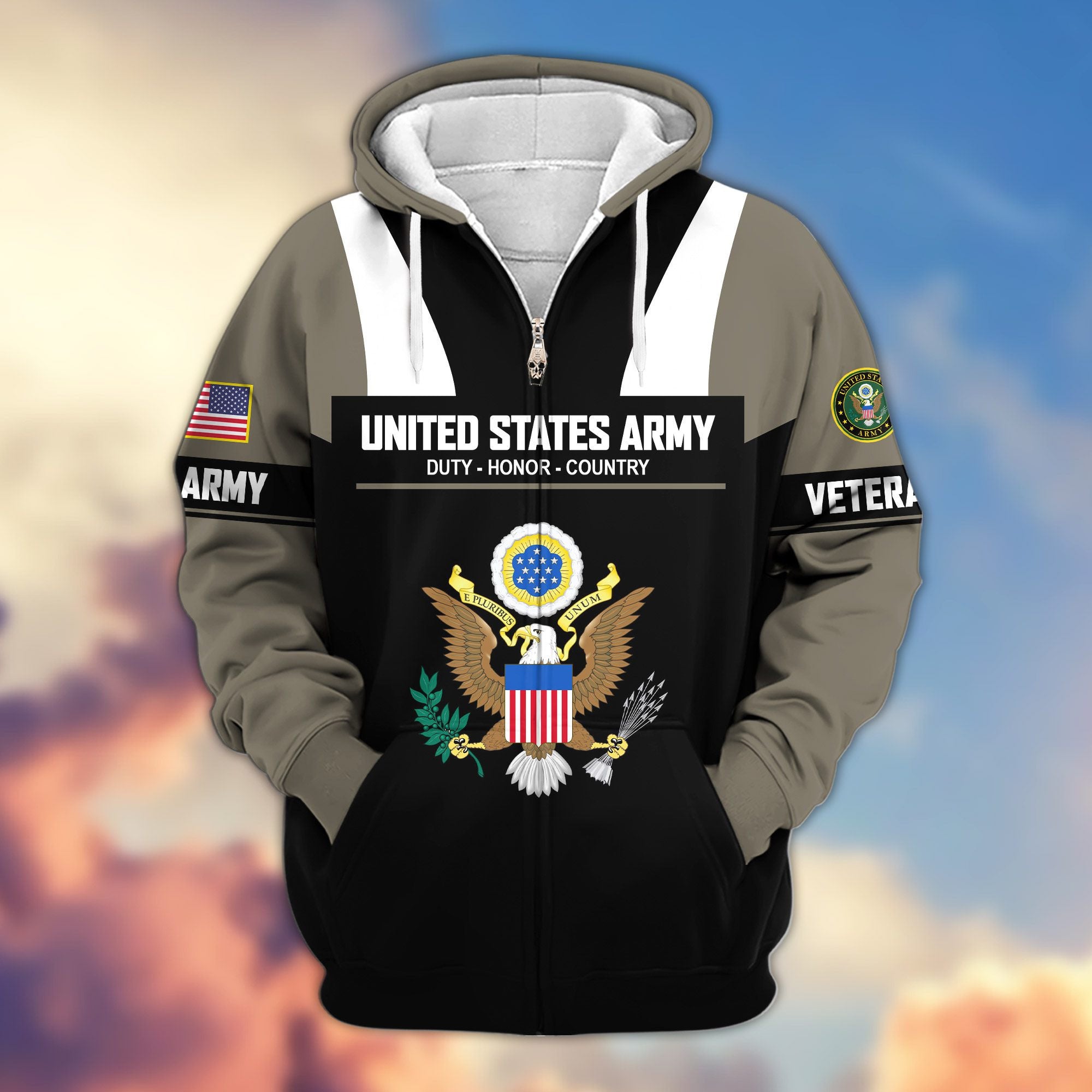 Premium US Veterans Zip Hoodie, Gifts For US Veterans, Gifts On Father's Day, Veterans Day.