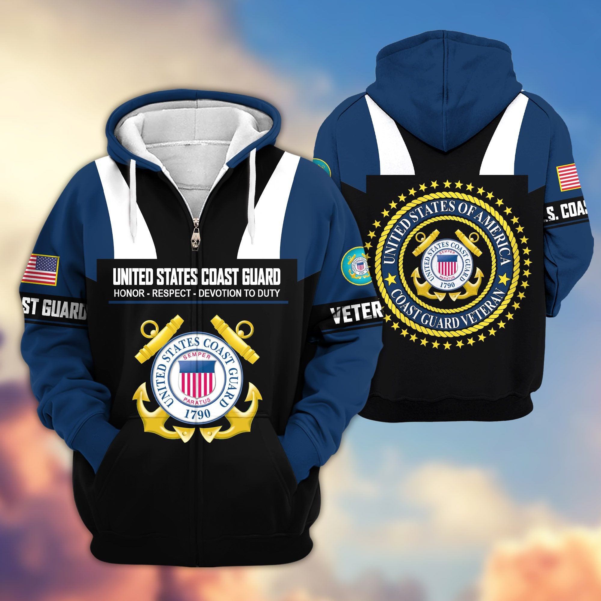 Premium US Veterans Zip Hoodie, Gifts For US Veterans, Gifts On Father's Day, Veterans Day.