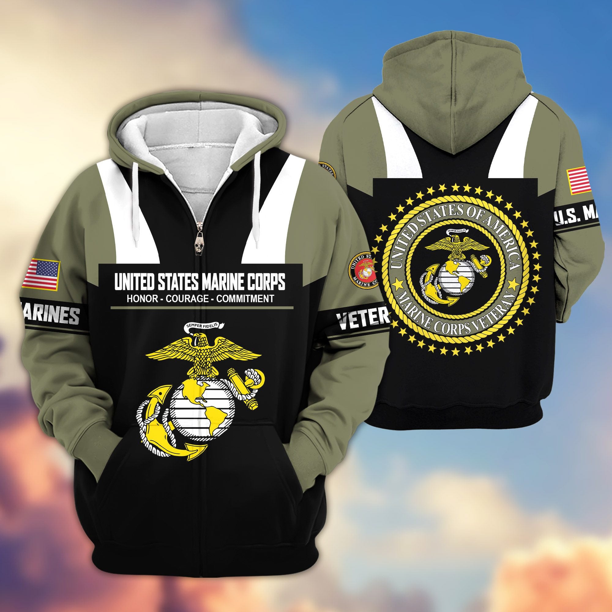 Premium US Veterans Zip Hoodie, Gifts For US Veterans, Gifts On Father's Day, Veterans Day.