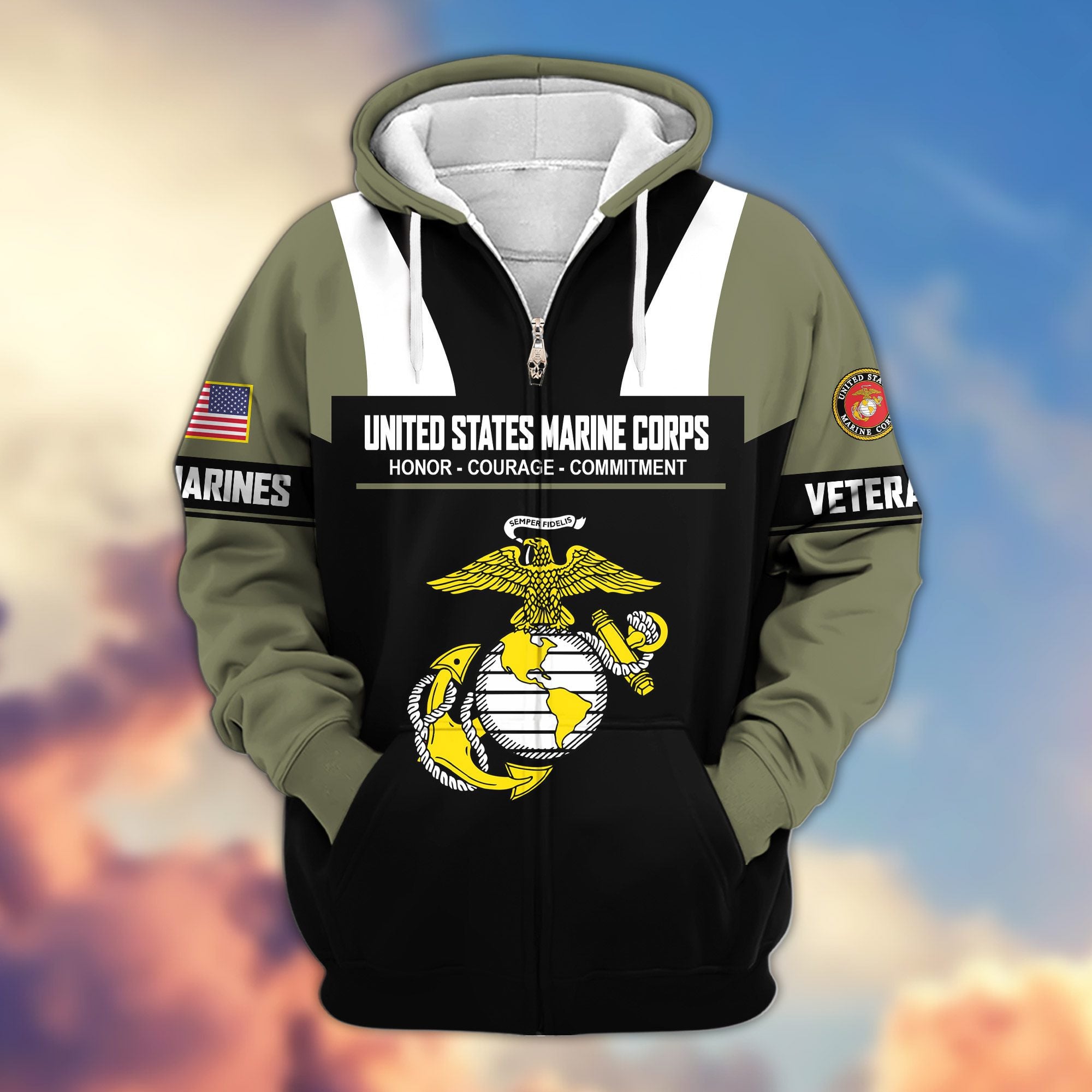 Premium US Veterans Zip Hoodie, Gifts For US Veterans, Gifts On Father's Day, Veterans Day.