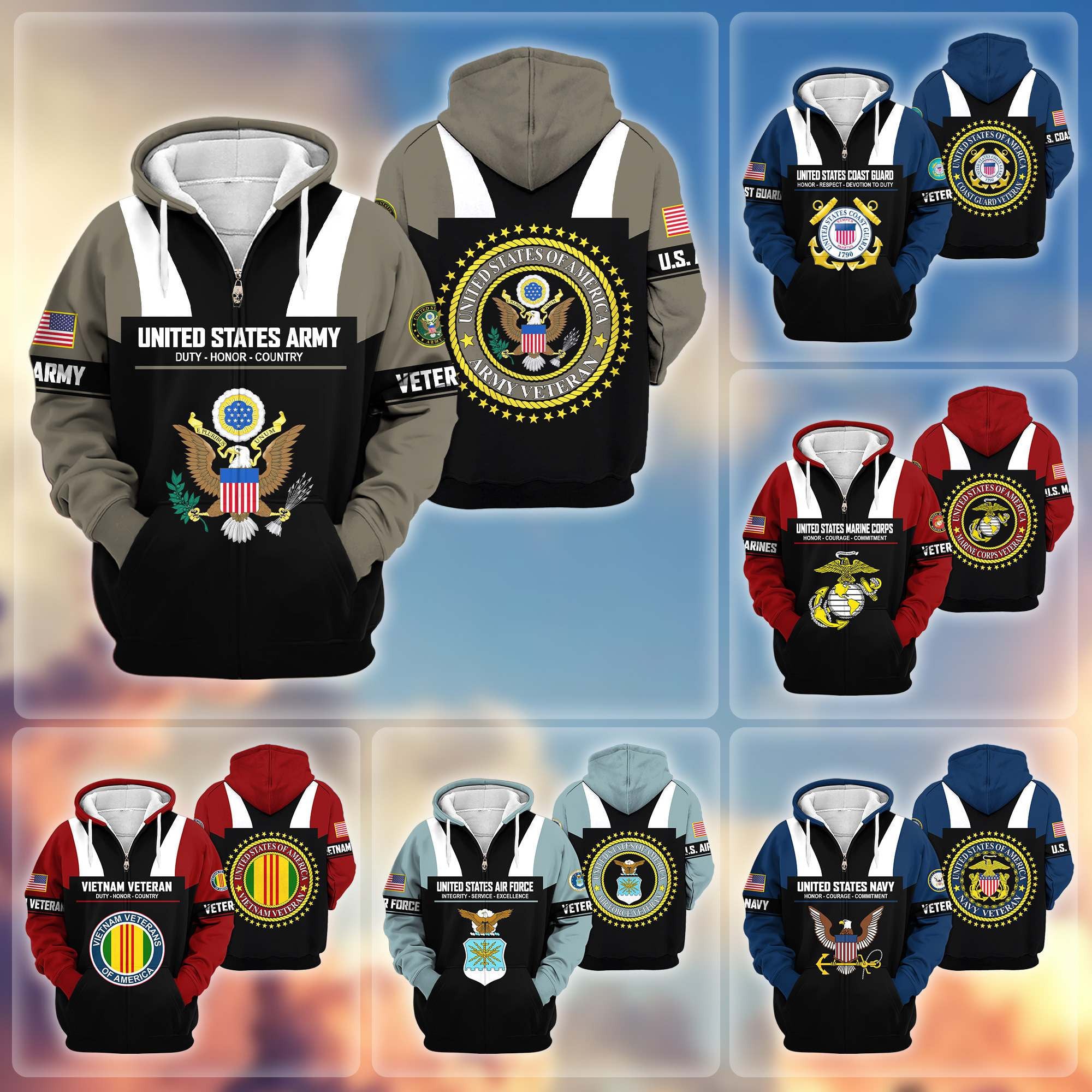 Premium US Veterans Zip Hoodie, Gifts For US Veterans, Gifts On Father's Day, Veterans Day.