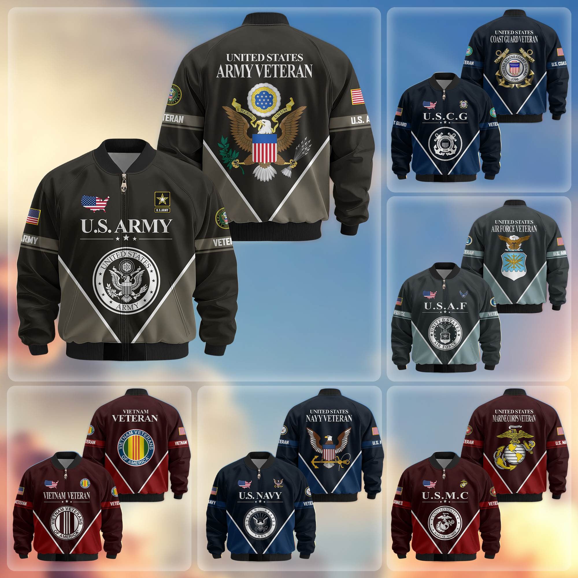 Premium US Veterans Bomber Jacket, Gifts For US Veterans, Gifts On Father's Day, Veterans Day.