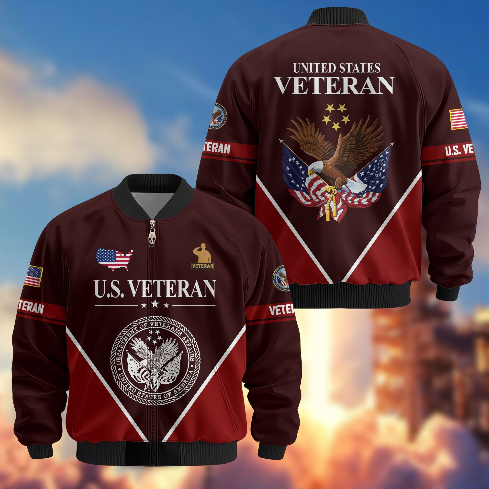 Premium US Veterans Bomber Jacket, Gifts For US Veterans, Gifts On Father's Day, Veterans Day.