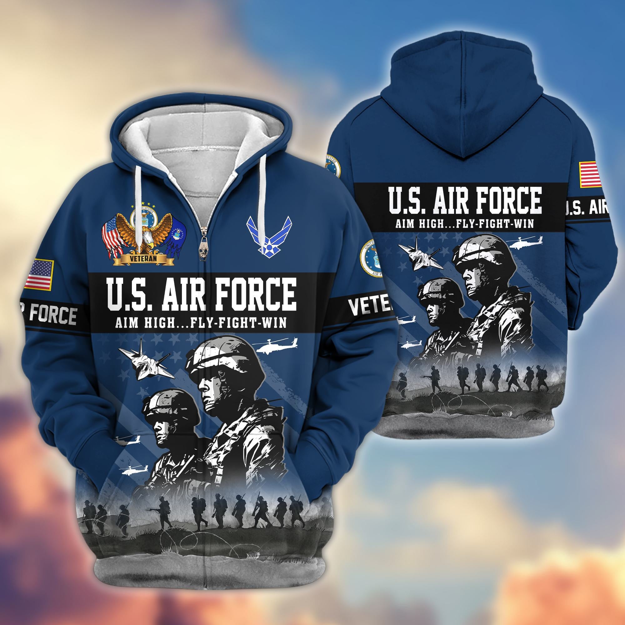 Premium US Veterans Zip Hoodie, Gifts For US Veterans, Gifts On Father's Day, Veterans Day.