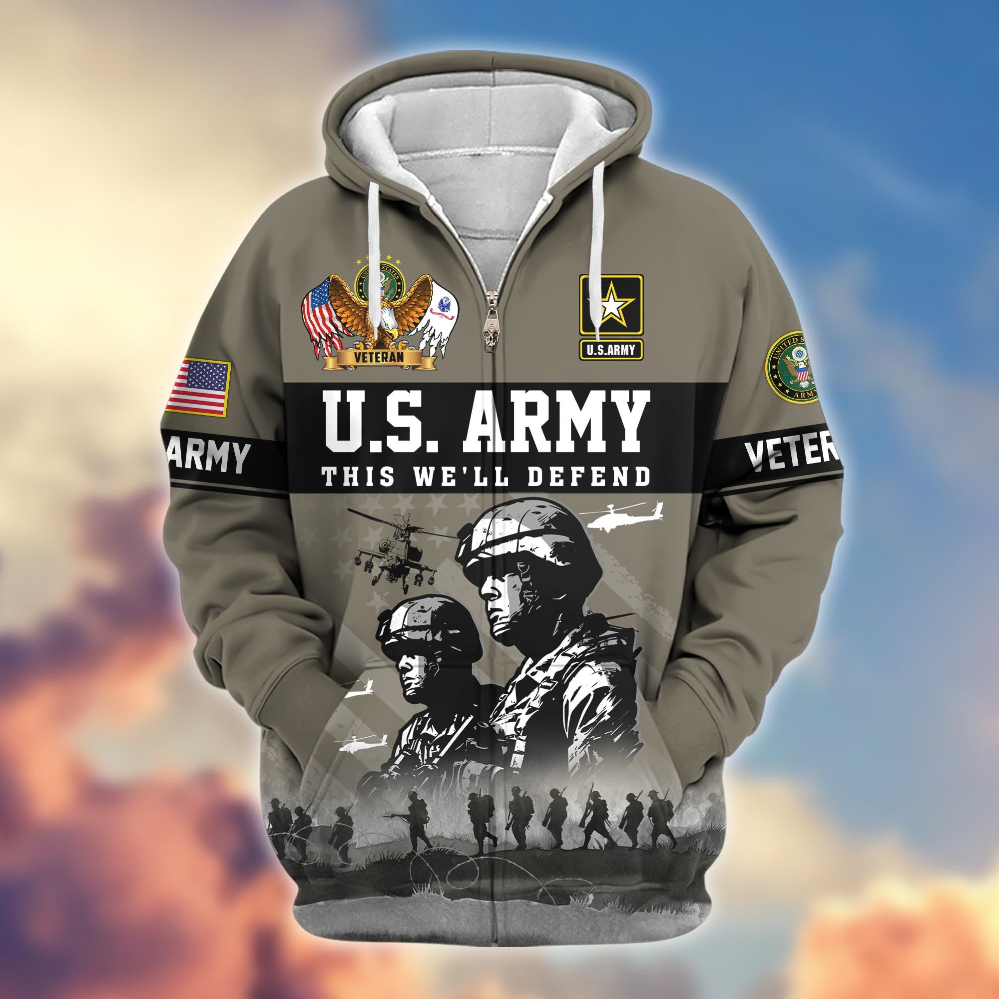 Premium US Veterans Zip Hoodie, Gifts For US Veterans, Gifts On Father's Day, Veterans Day.