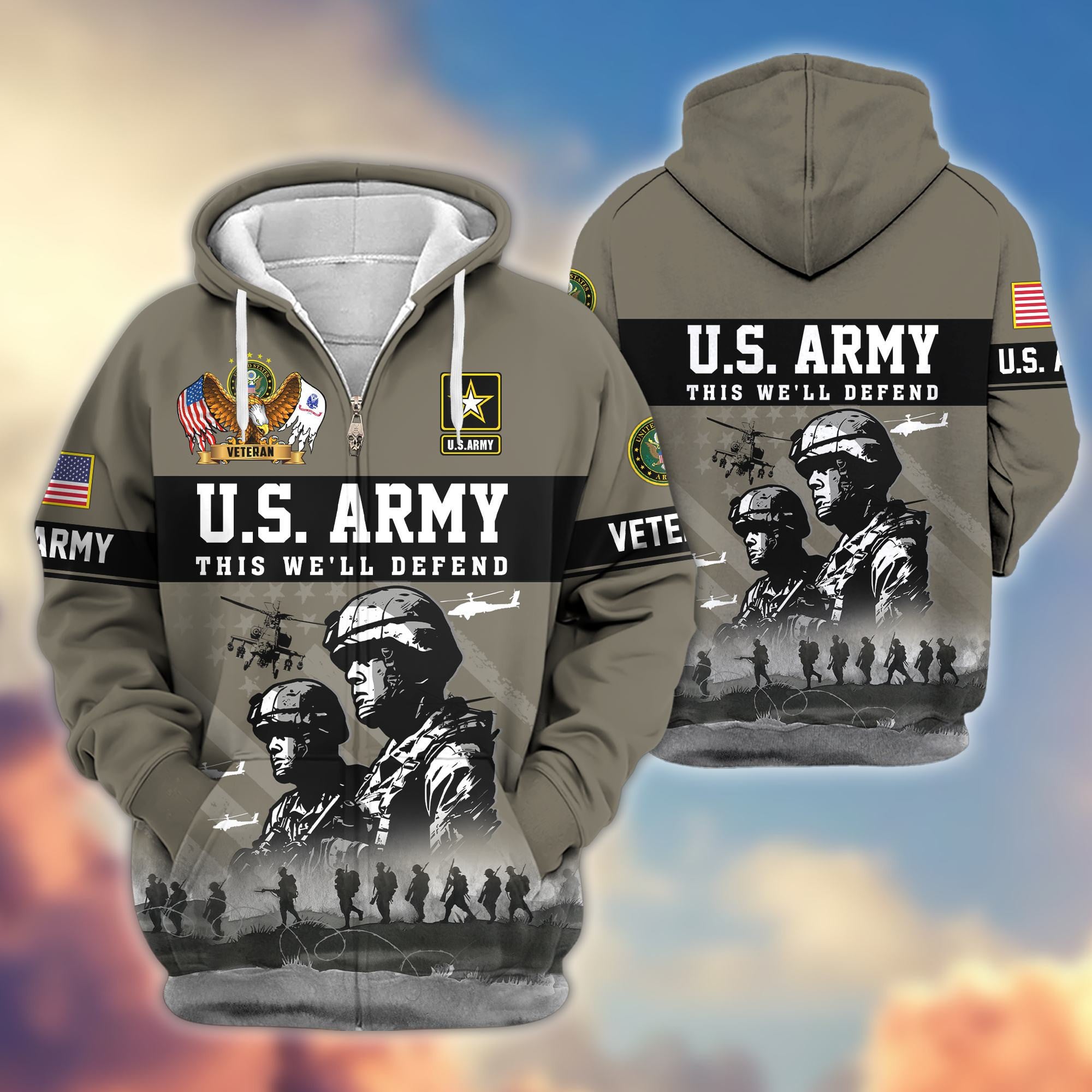 Premium US Veterans Zip Hoodie, Gifts For US Veterans, Gifts On Father's Day, Veterans Day.
