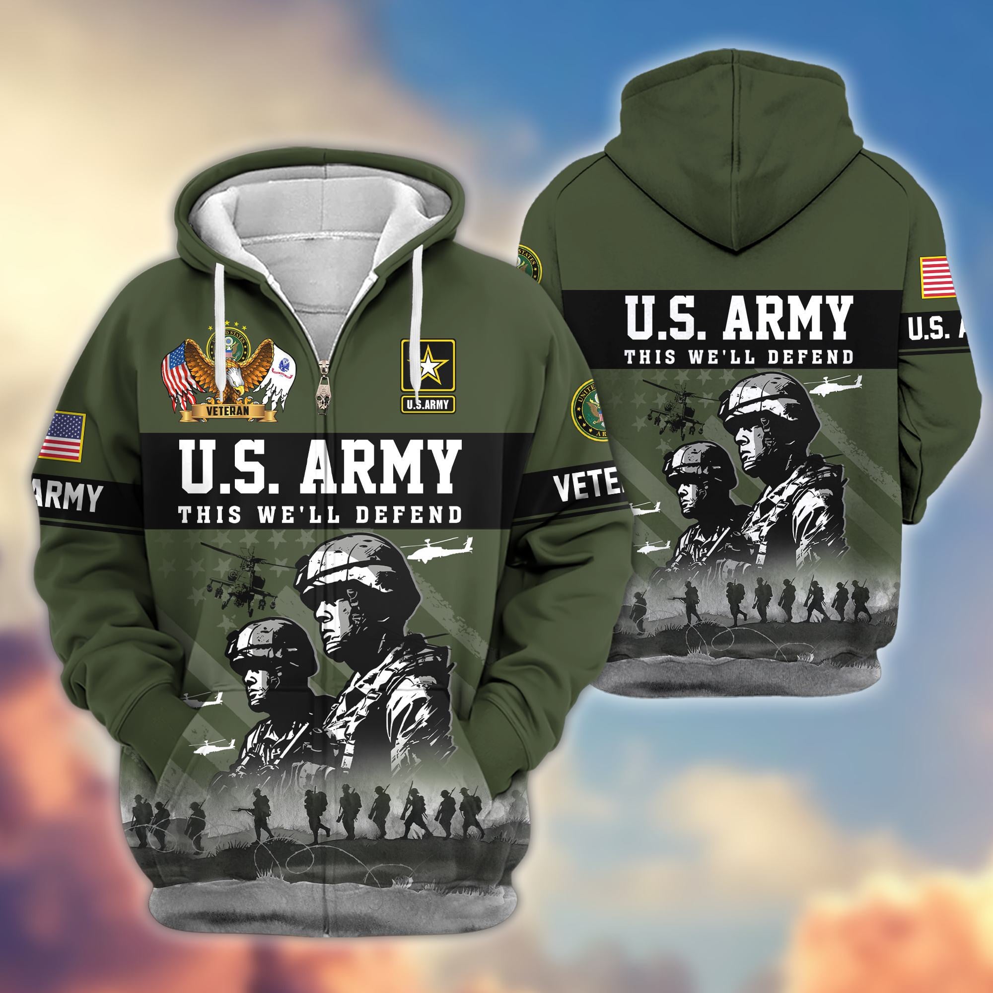 Premium US Veterans Zip Hoodie, Gifts For US Veterans, Gifts On Father's Day, Veterans Day.