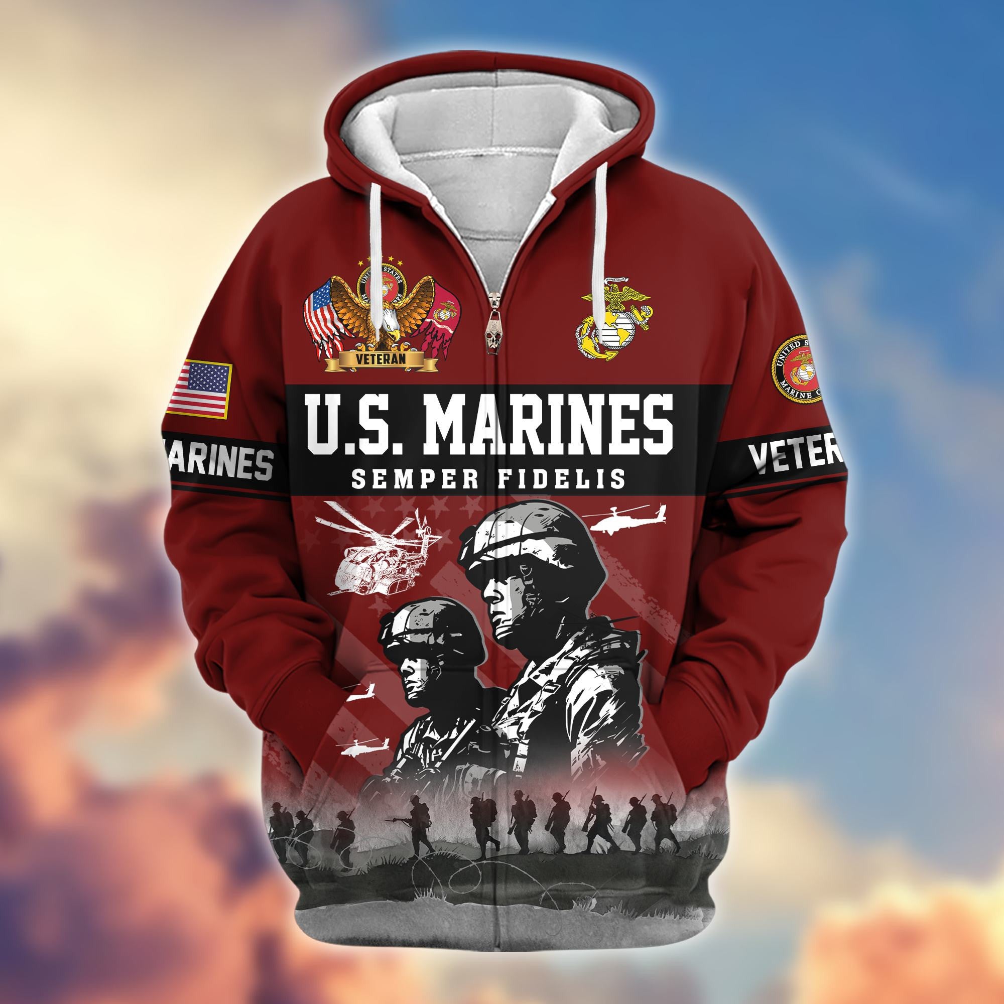 Premium US Veterans Zip Hoodie, Gifts For US Veterans, Gifts On Father's Day, Veterans Day.