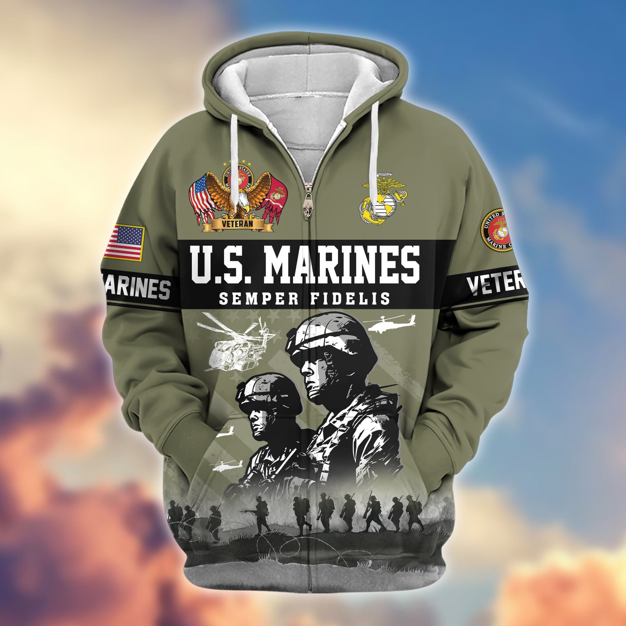 Premium US Veterans Zip Hoodie, Gifts For US Veterans, Gifts On Father's Day, Veterans Day.