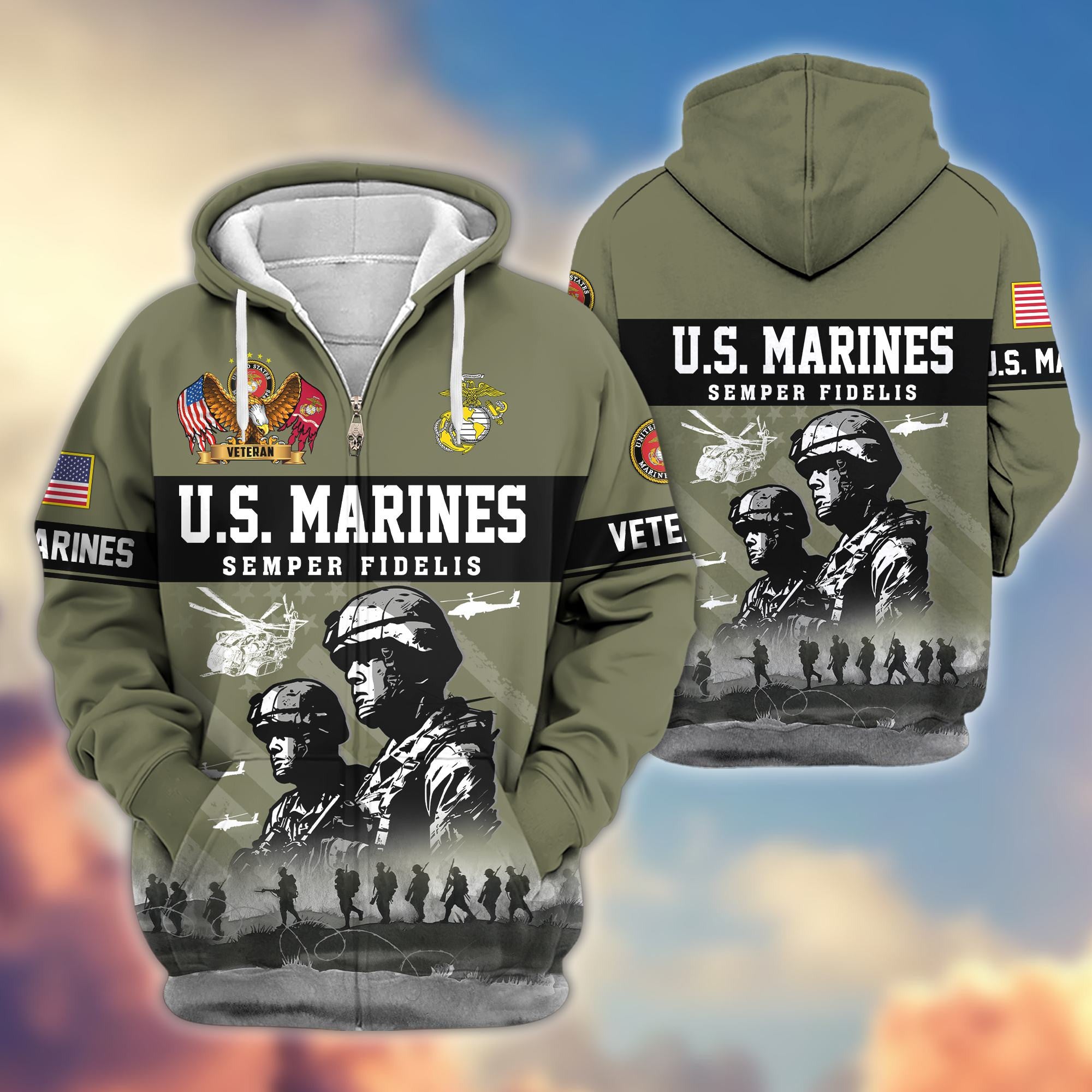 Premium US Veterans Zip Hoodie, Gifts For US Veterans, Gifts On Father's Day, Veterans Day.