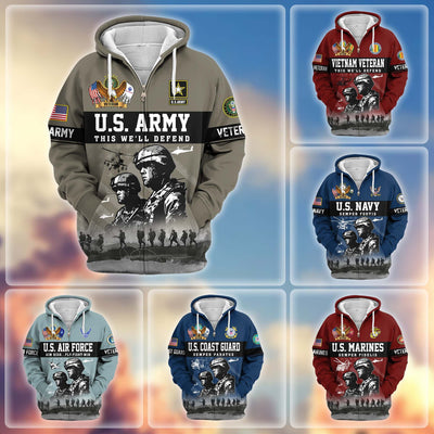 Premium US Veterans Zip Hoodie, Gifts For US Veterans, Gifts On Father's Day, Veterans Day.