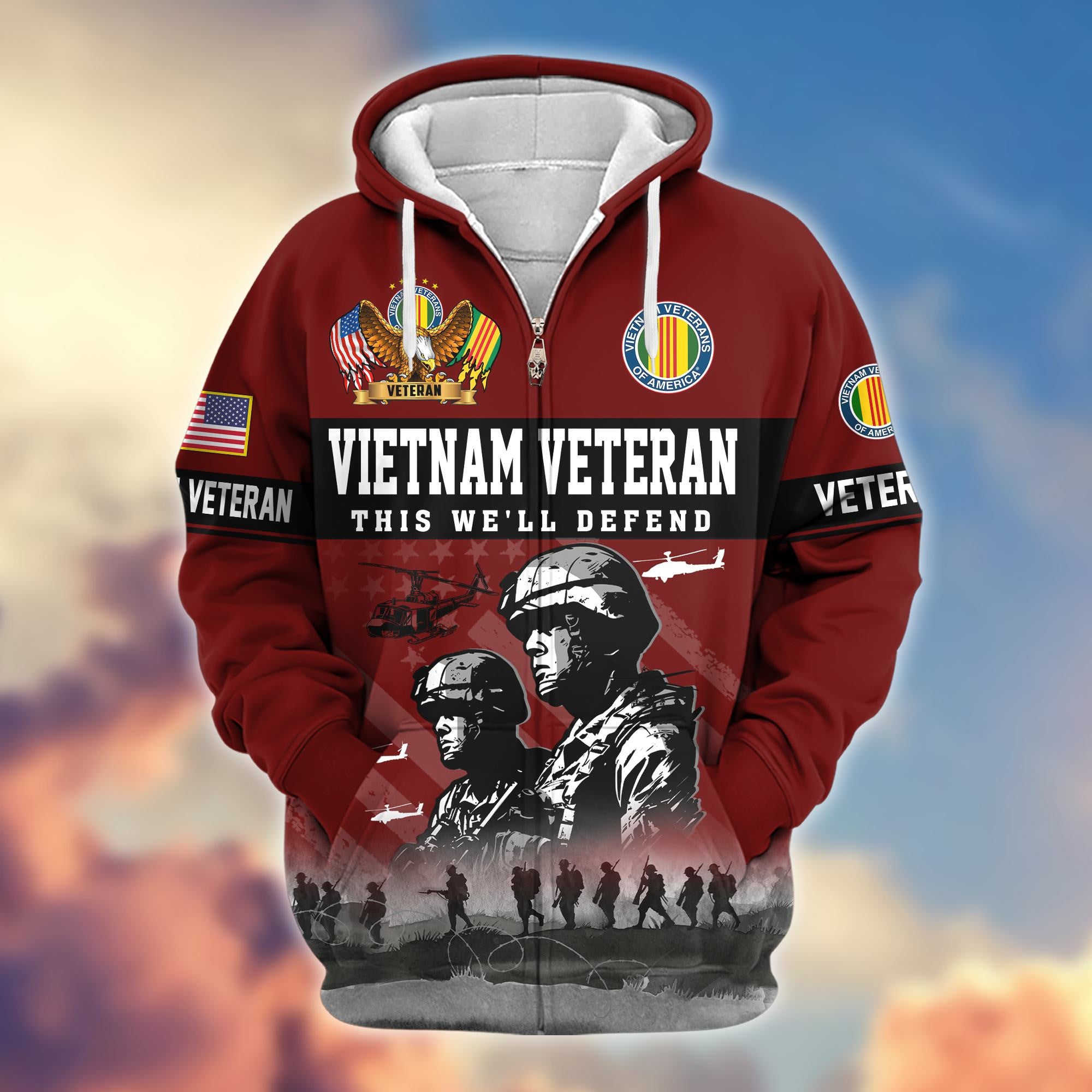 Premium US Veterans Zip Hoodie, Gifts For US Veterans, Gifts On Father's Day, Veterans Day.