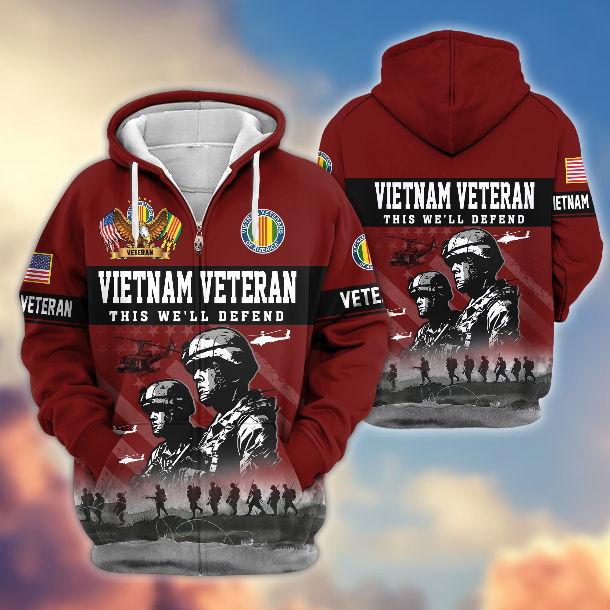 Premium US Veterans Zip Hoodie, Gifts For US Veterans, Gifts On Father's Day, Veterans Day.