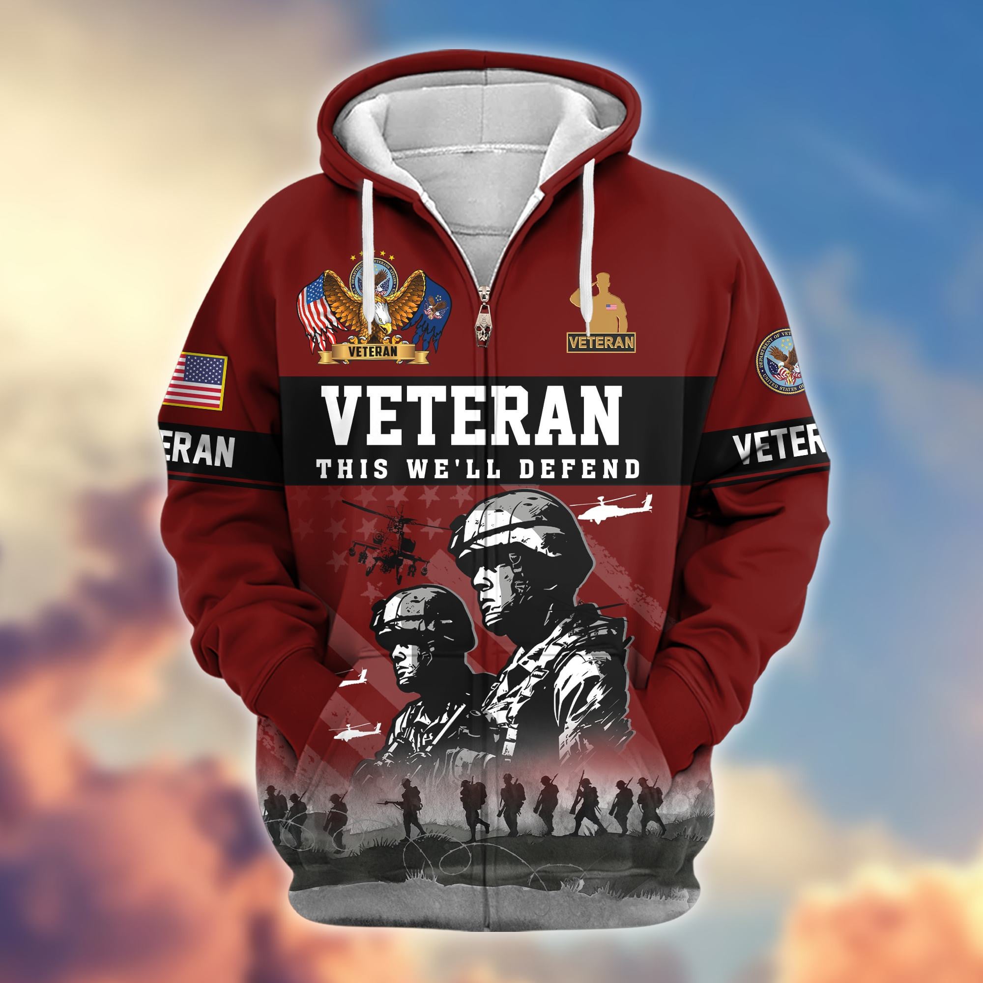 Premium US Veterans Zip Hoodie, Gifts For US Veterans, Gifts On Father's Day, Veterans Day.
