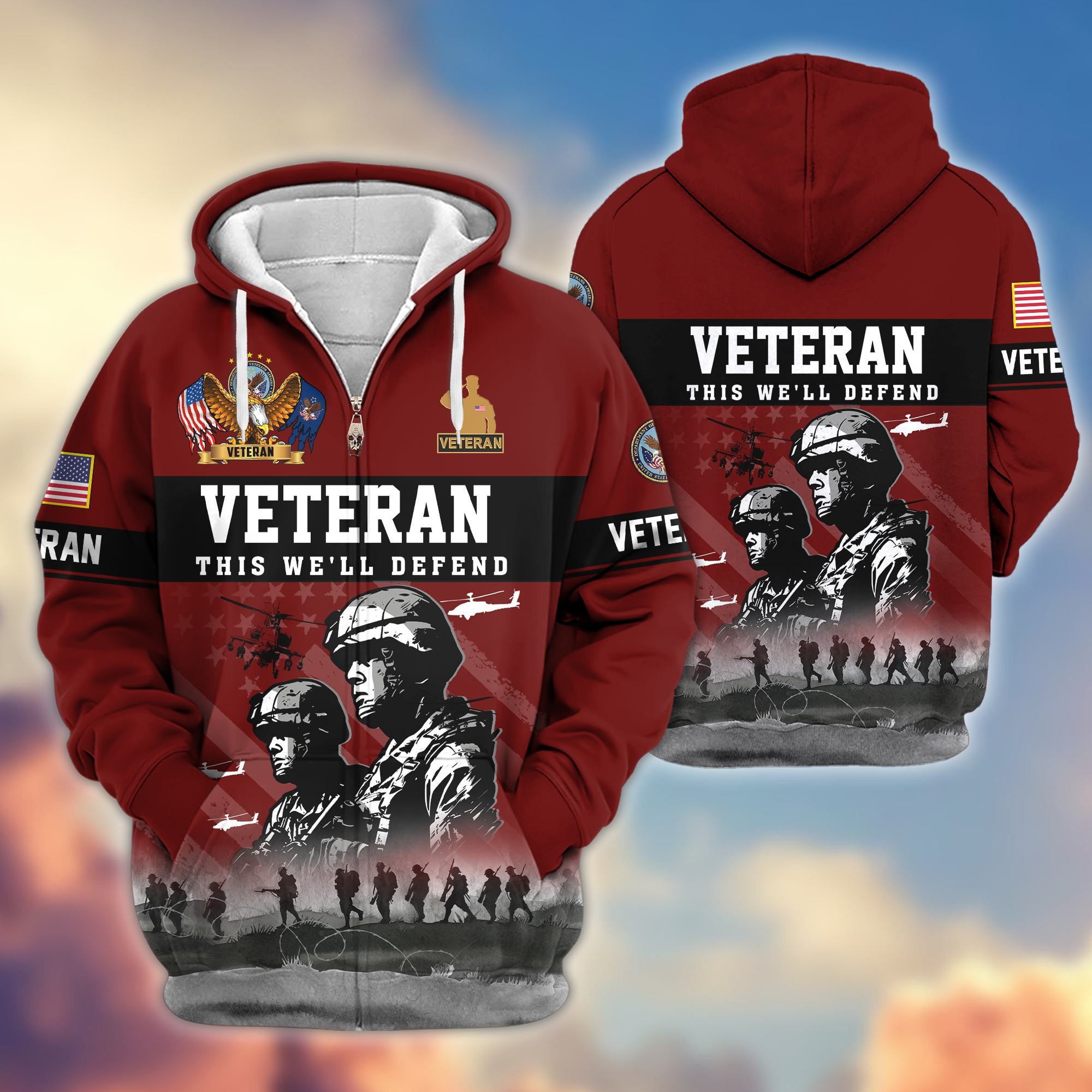 Premium US Veterans Zip Hoodie, Gifts For US Veterans, Gifts On Father's Day, Veterans Day.