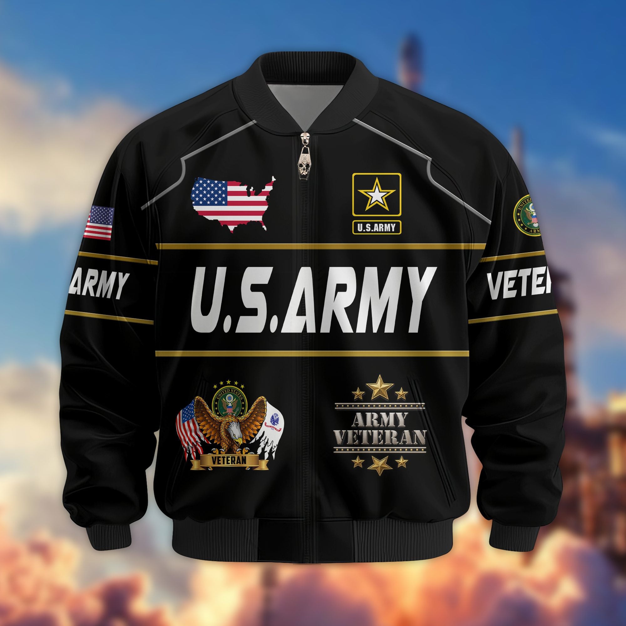 Premium US Veterans Bomber Jacket, Gifts For US Veterans, Gifts On Father's Day, Veterans Day.