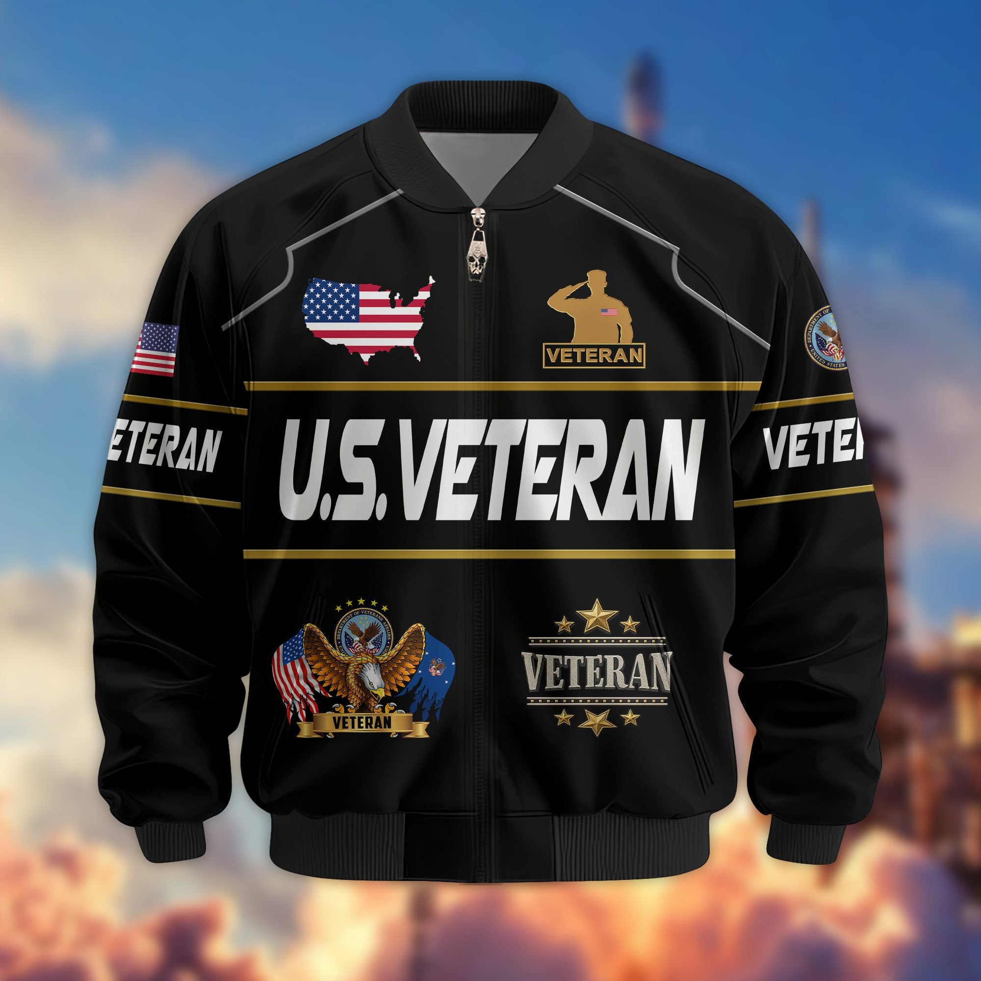 Premium US Veterans Bomber Jacket, Gifts For US Veterans, Gifts On Father's Day, Veterans Day.