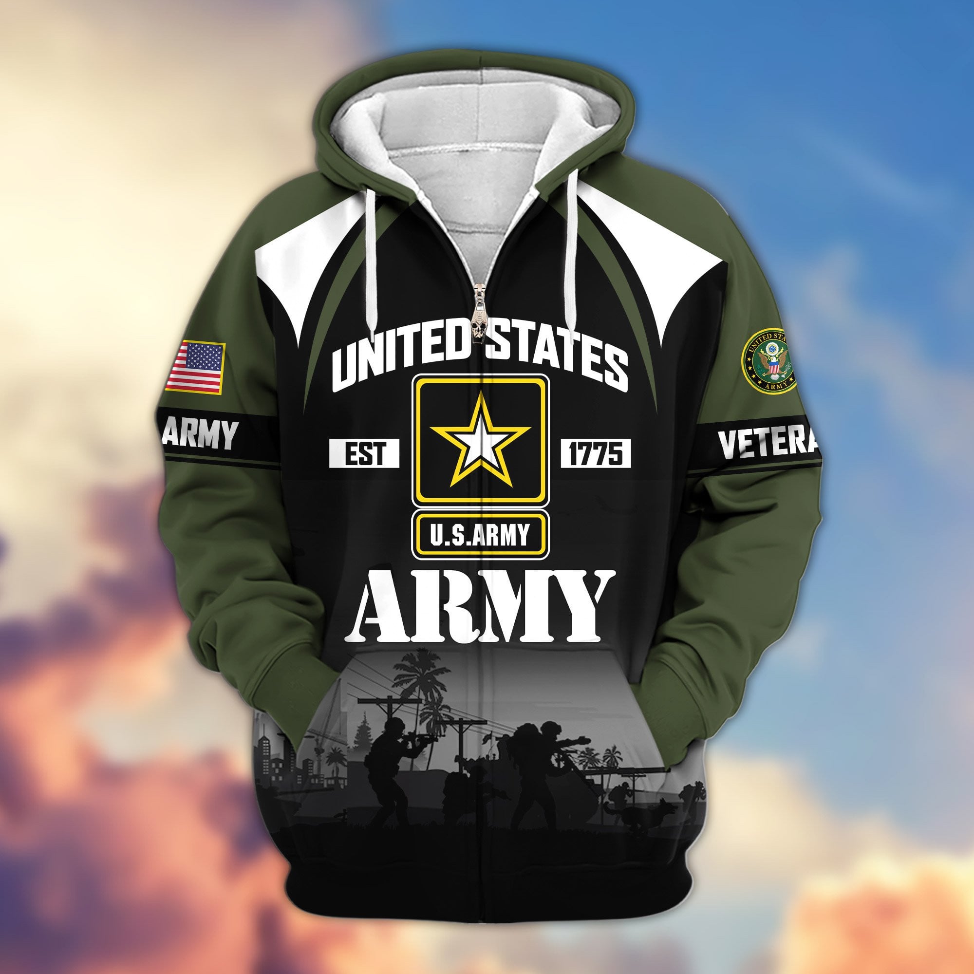 Premium US Veterans Zip Hoodie, Gifts For US Veterans, Gifts On Father's Day, Veterans Day.