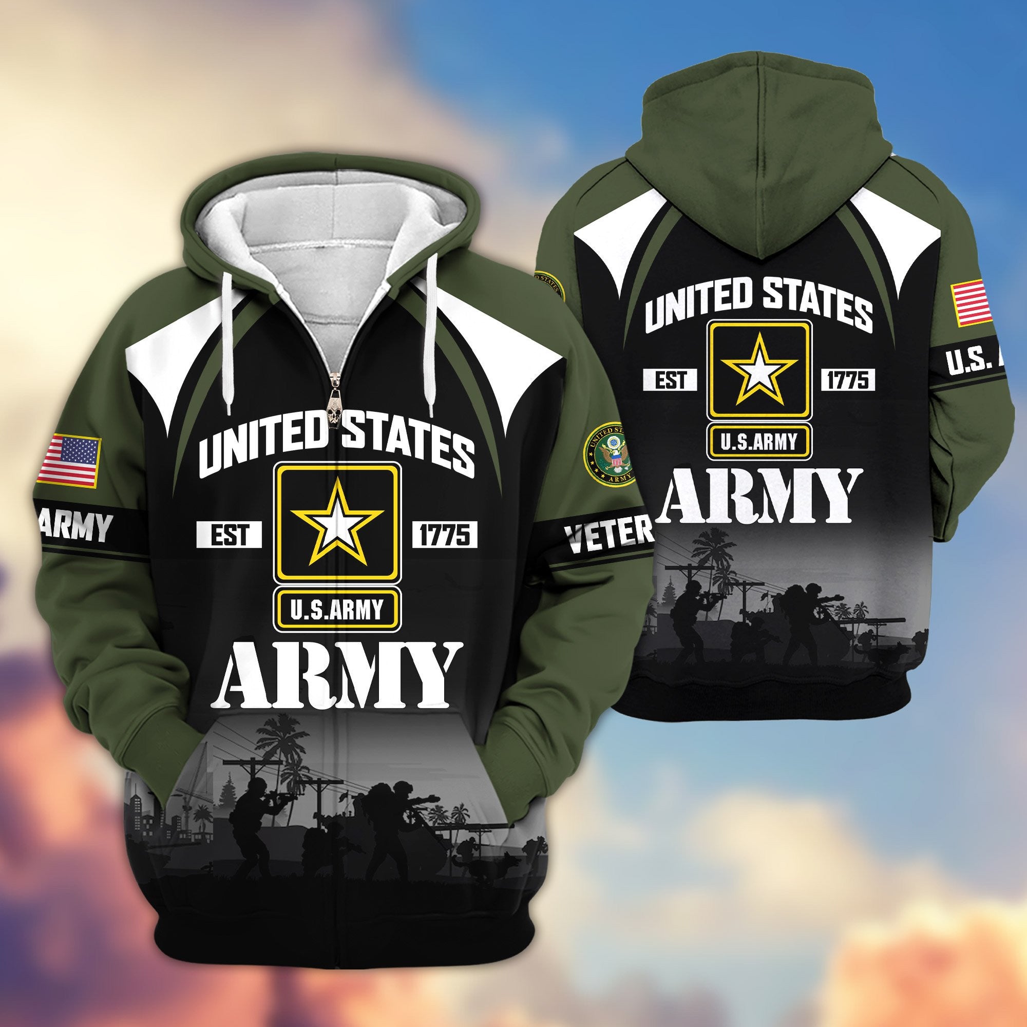 Premium US Veterans Zip Hoodie, Gifts For US Veterans, Gifts On Father's Day, Veterans Day.