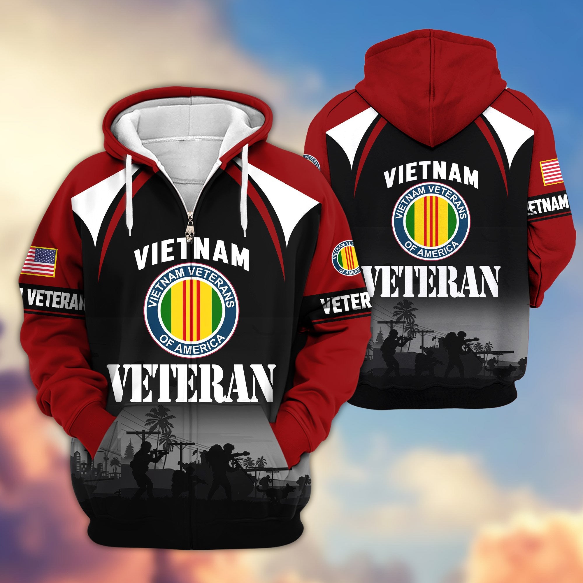 Premium US Veterans Zip Hoodie, Gifts For US Veterans, Gifts On Father's Day, Veterans Day.