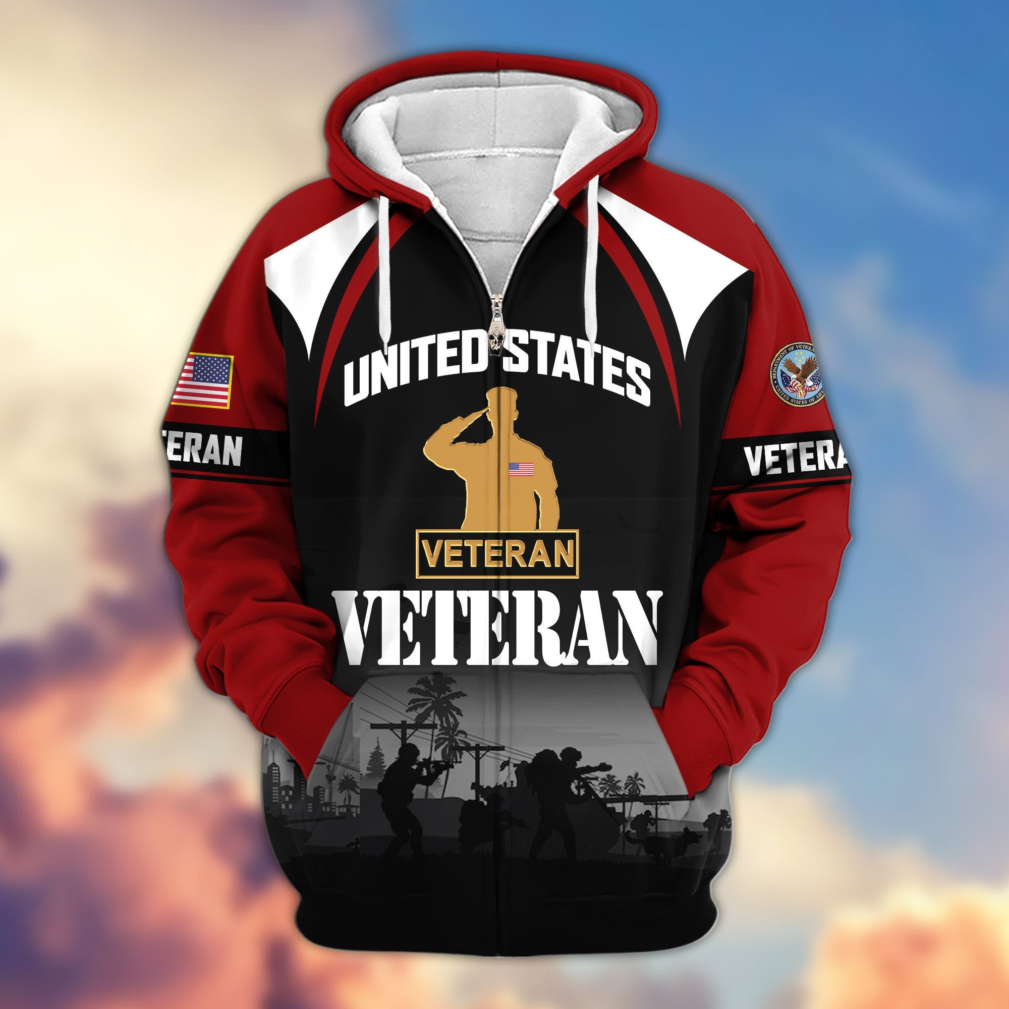Premium US Veterans Zip Hoodie, Gifts For US Veterans, Gifts On Father's Day, Veterans Day.